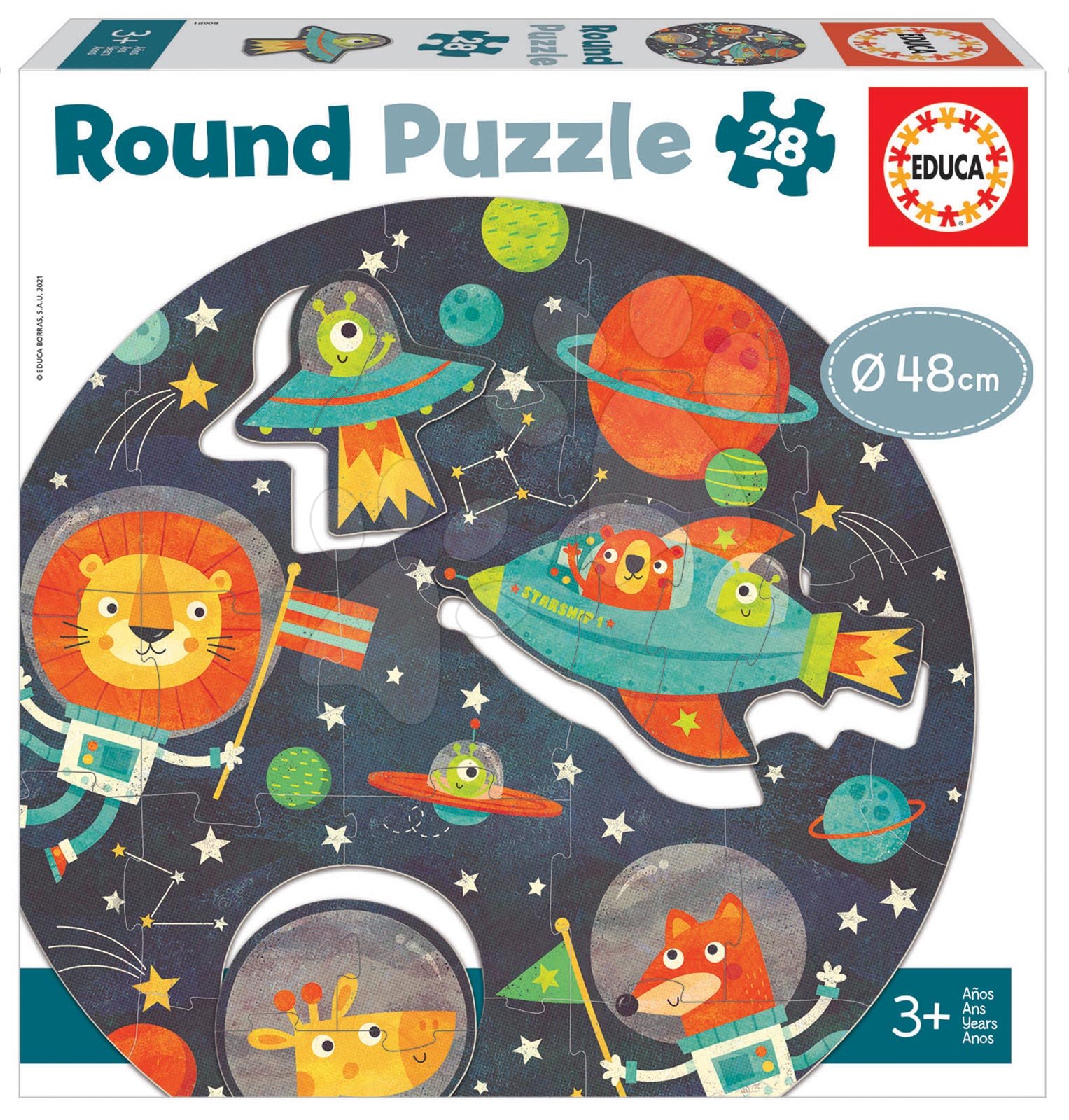 Detské puzzle do 100 dielov - Puzzle pre najmenších okrúhle The Space Round Educa zvieratká vo vesmíre 28 dielov 48 cm priemer