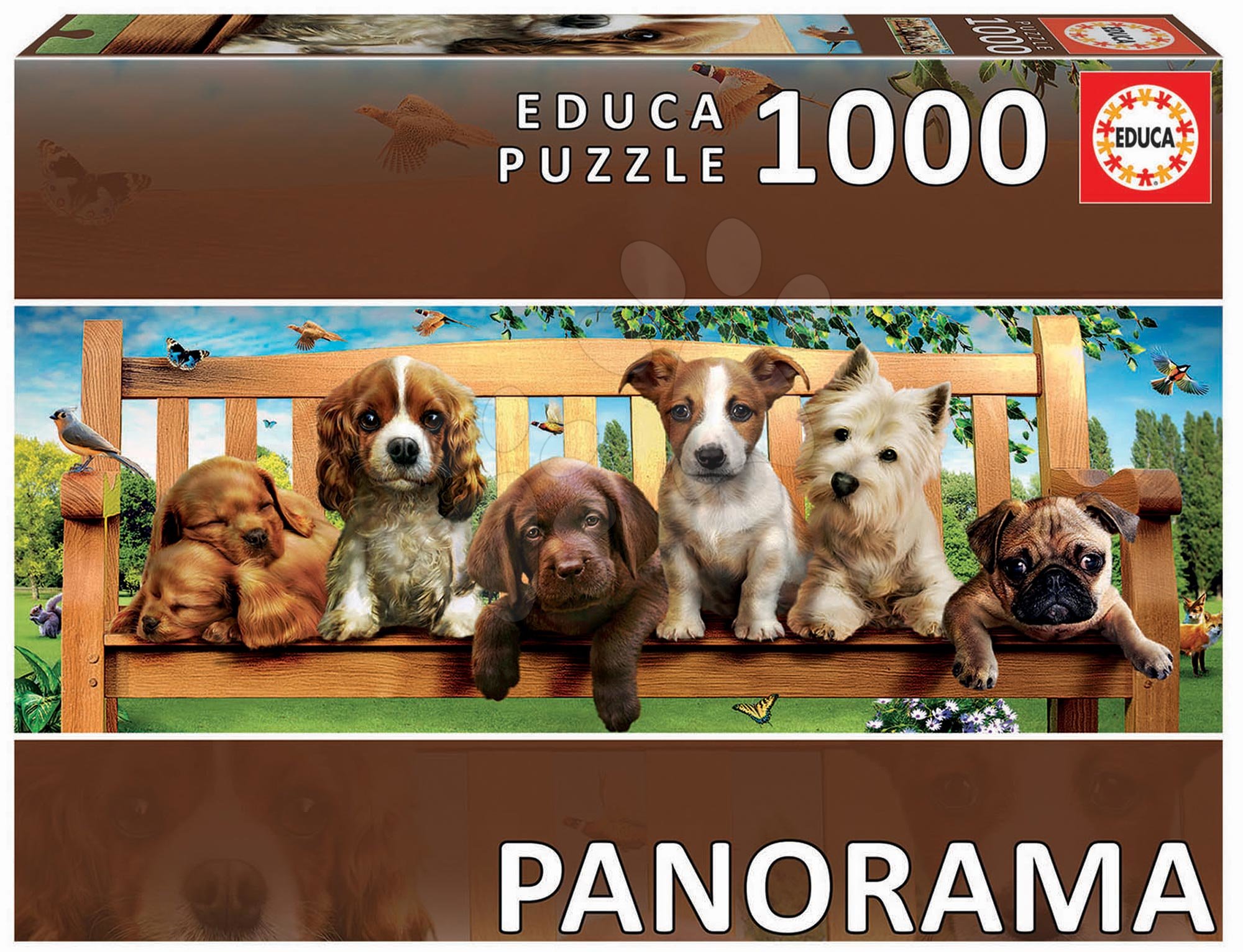 Puzzle panoráma Puppies on a bench Educa 1000 darabos és Fix ragasztóval 11 évtől Puzzle panoráma Puppies on a bench Educa 1000 darabos és Fix ragasztóval 11 évtől