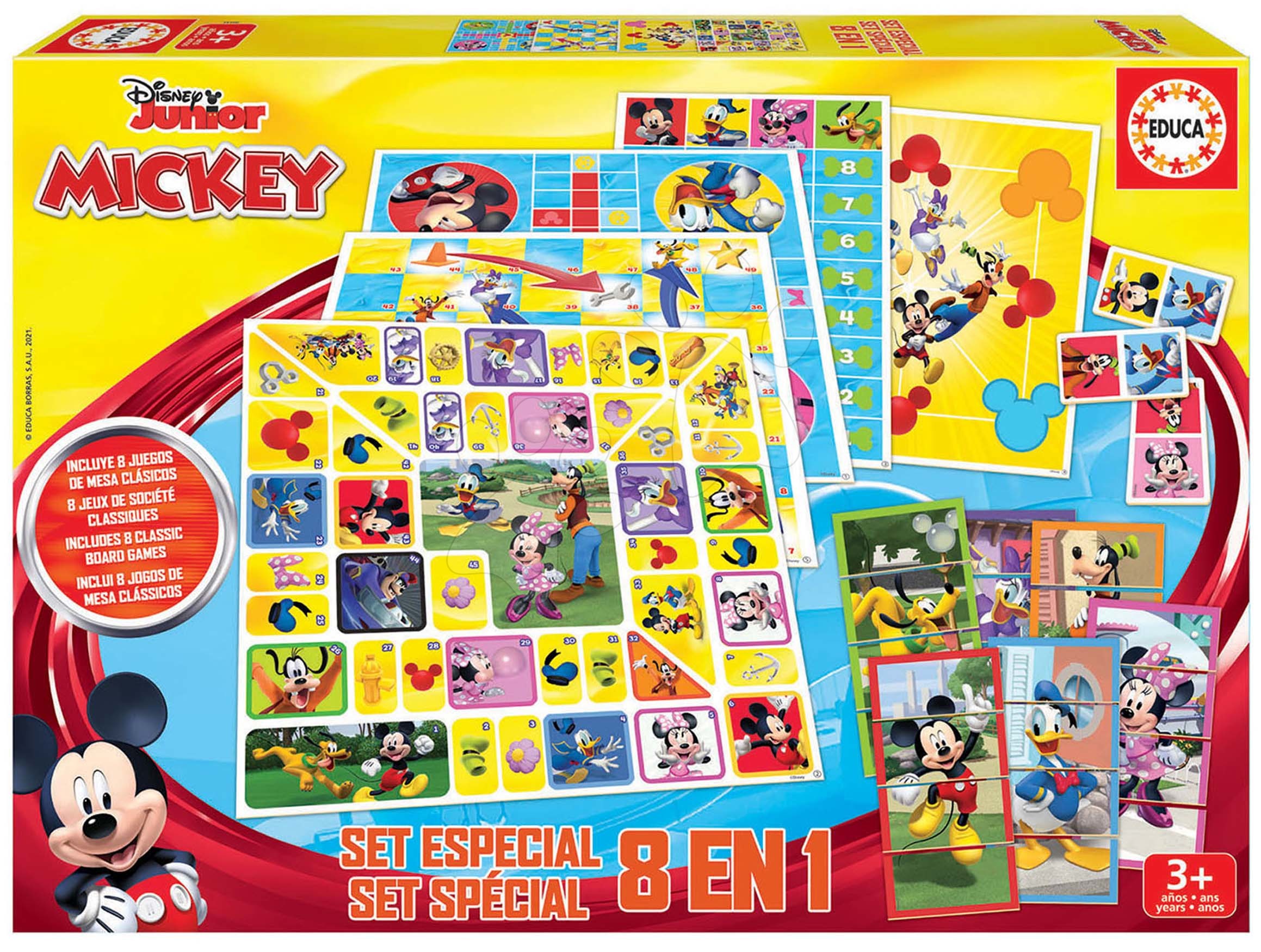 Spoločenské hry Mickey and his Friends Disney 8v1 Special set Educa od 4 rokov v anglickom, francúzskom, španielskom a portugalskom jazyku