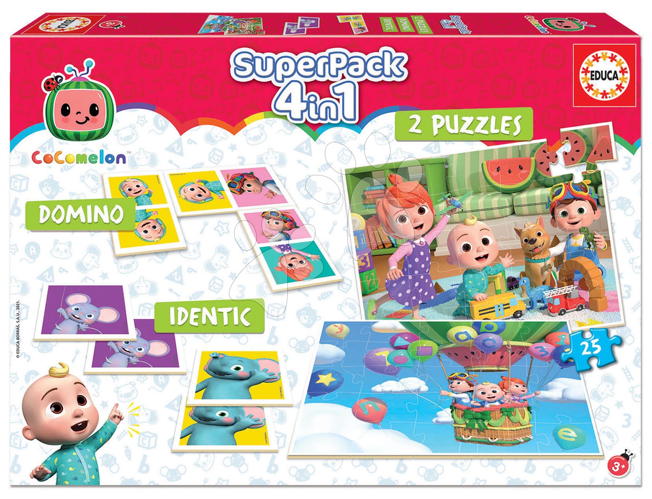 Superpack 4v1 Cocomelon Educa domino pexeso a 2 puzzle s 25 dílky