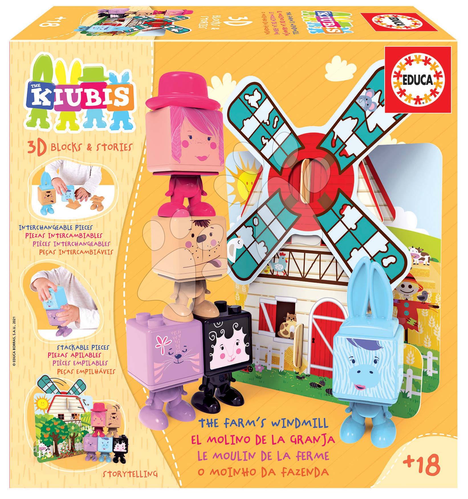 Skládačka Kiubis 3D Blocks & Stories The Farm´s Windmill Educa 5 figurek a větrný mlýn od 24 měsíců