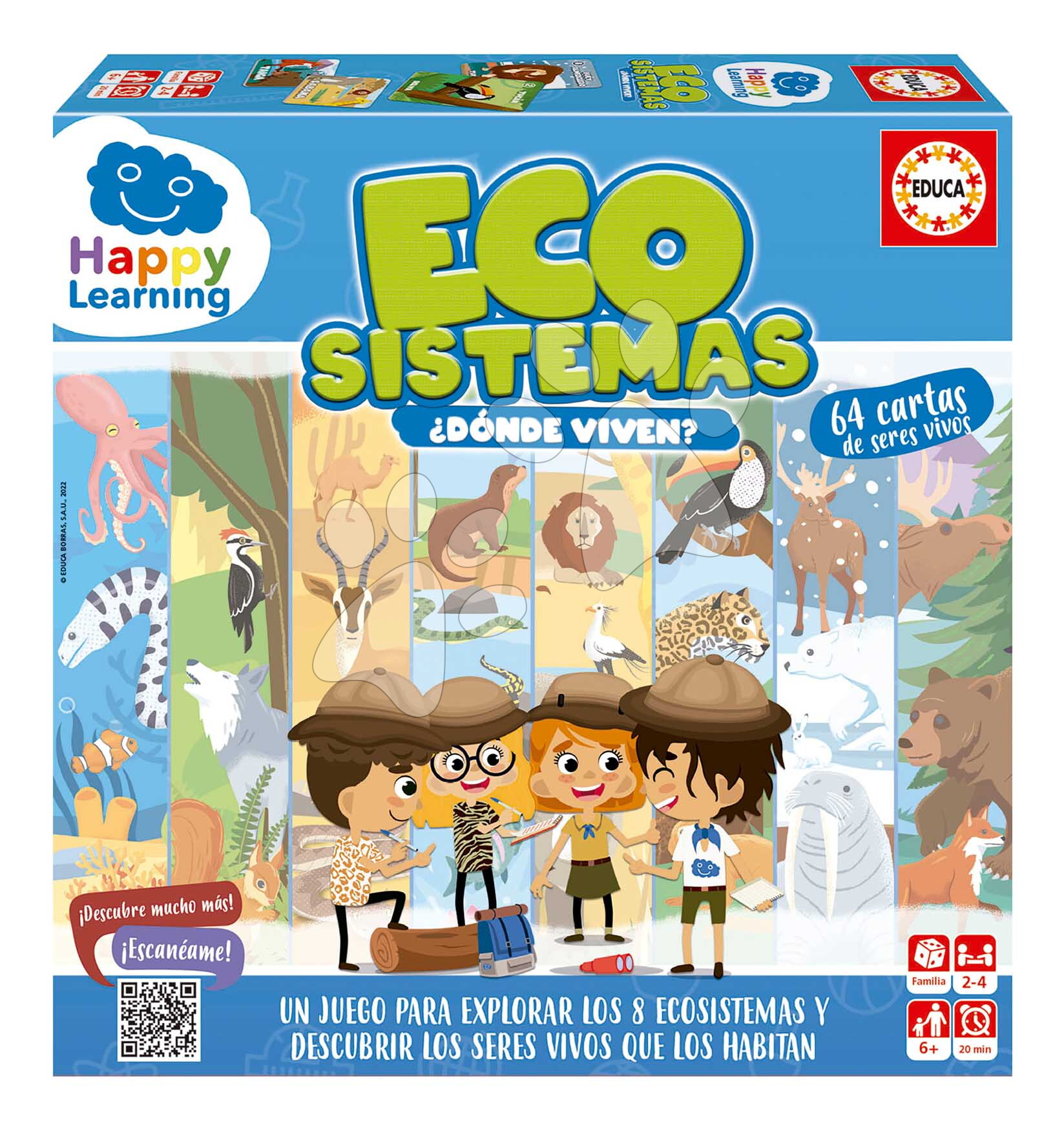Náučná hra Ekosystémy Ecosystems Happy Learning Educa 2-4 játékos részére, 64 kártyával, spanyol nyelven, 6 éves kortól