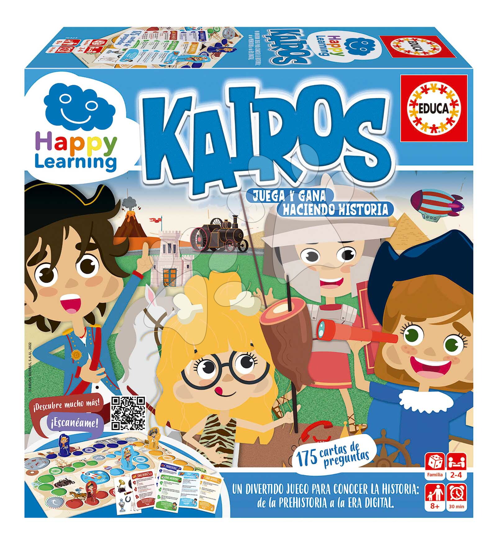 Ismeretterjesztő társasjáték Kairos Happy Learning Történelem útja Educa 2–4 játékos részére 175 kérdéssel, spanyol nyelven, 8 éves kortól