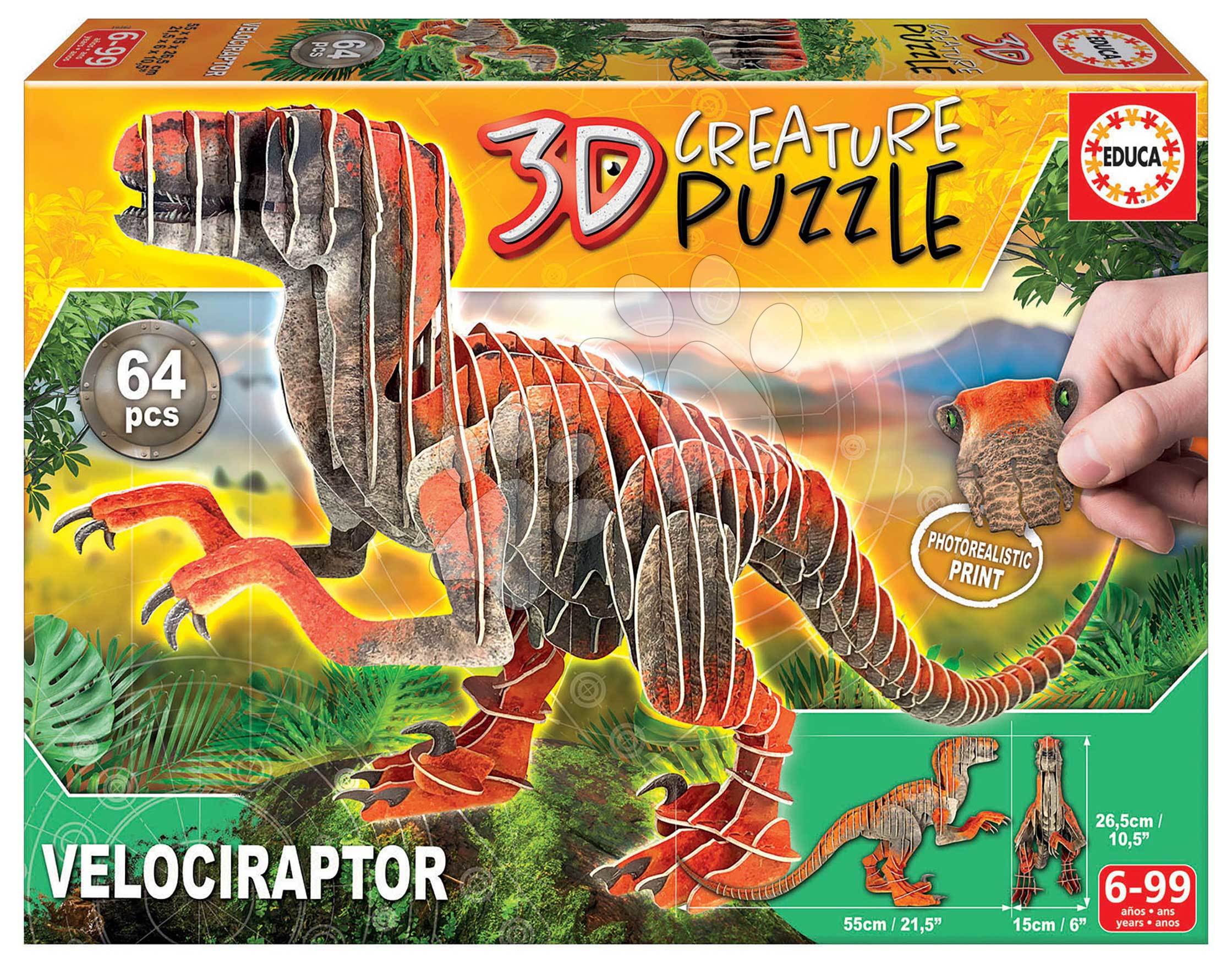 Puzzle dinosaurus Velociraptor 3D Creature Educa délka 55 cm 64 dílů