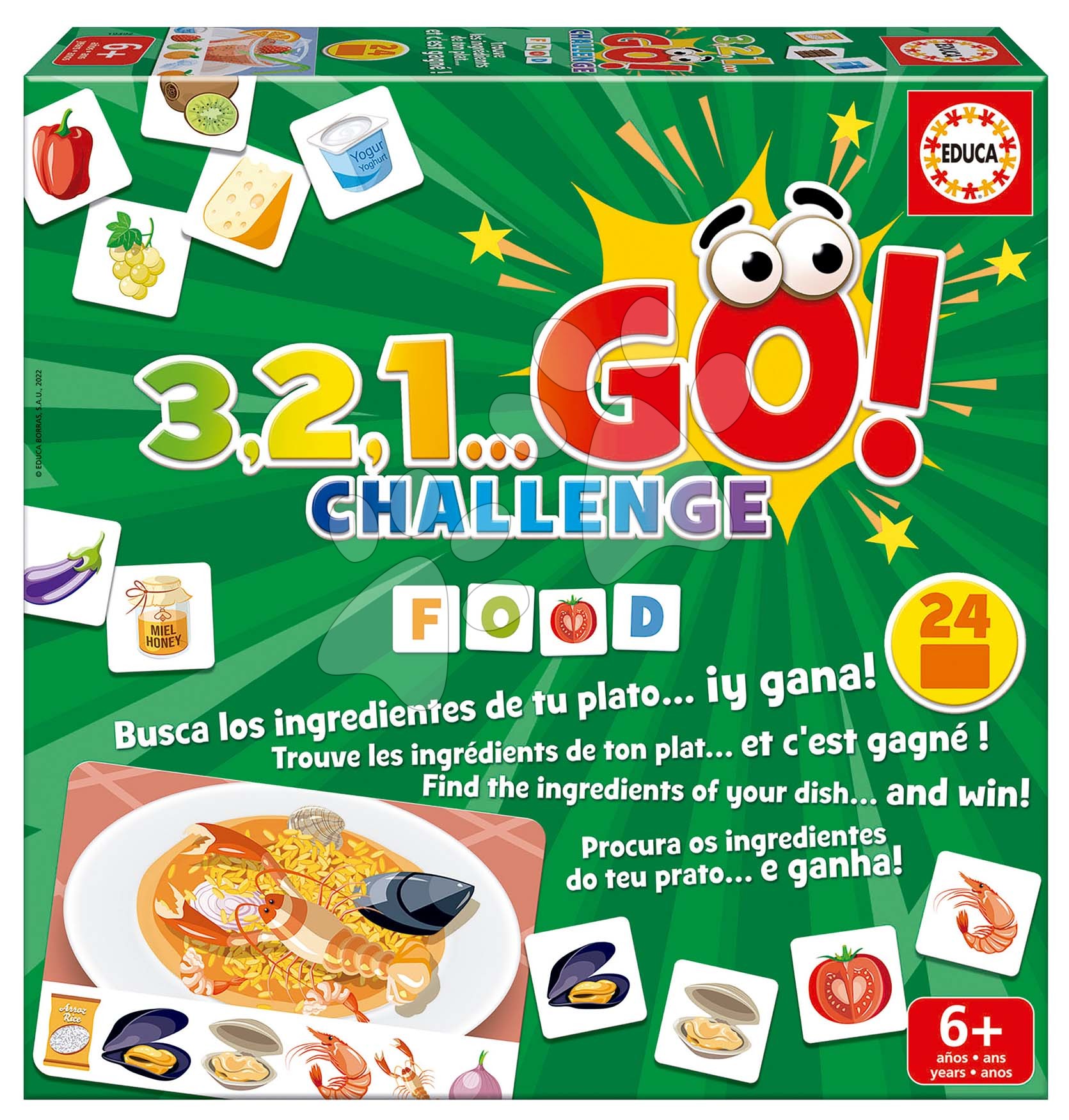 Spoločenská hra Jedlá 3,2,1... Go! Challenge Food Educa 24 obrázkov 150 dielov anglicky španielsky francúzsky od 6 rokov