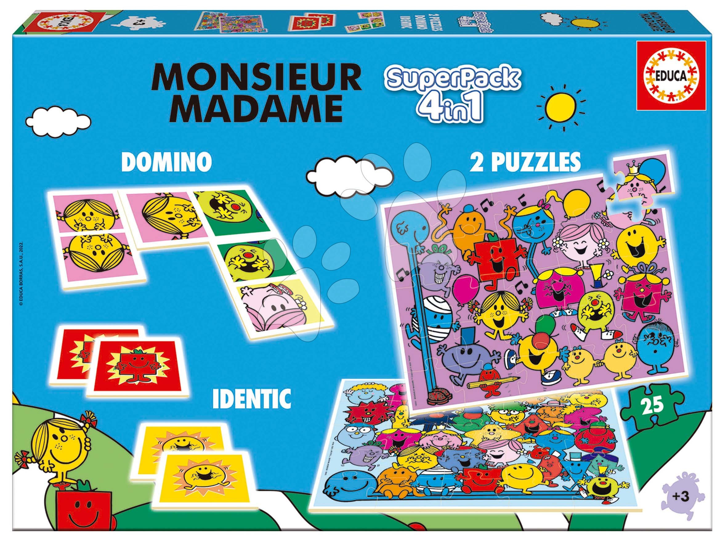 Superpack 4v1 Monsieur Madame Educa domino pexeso a 2 puzzle s 25 dielikmi