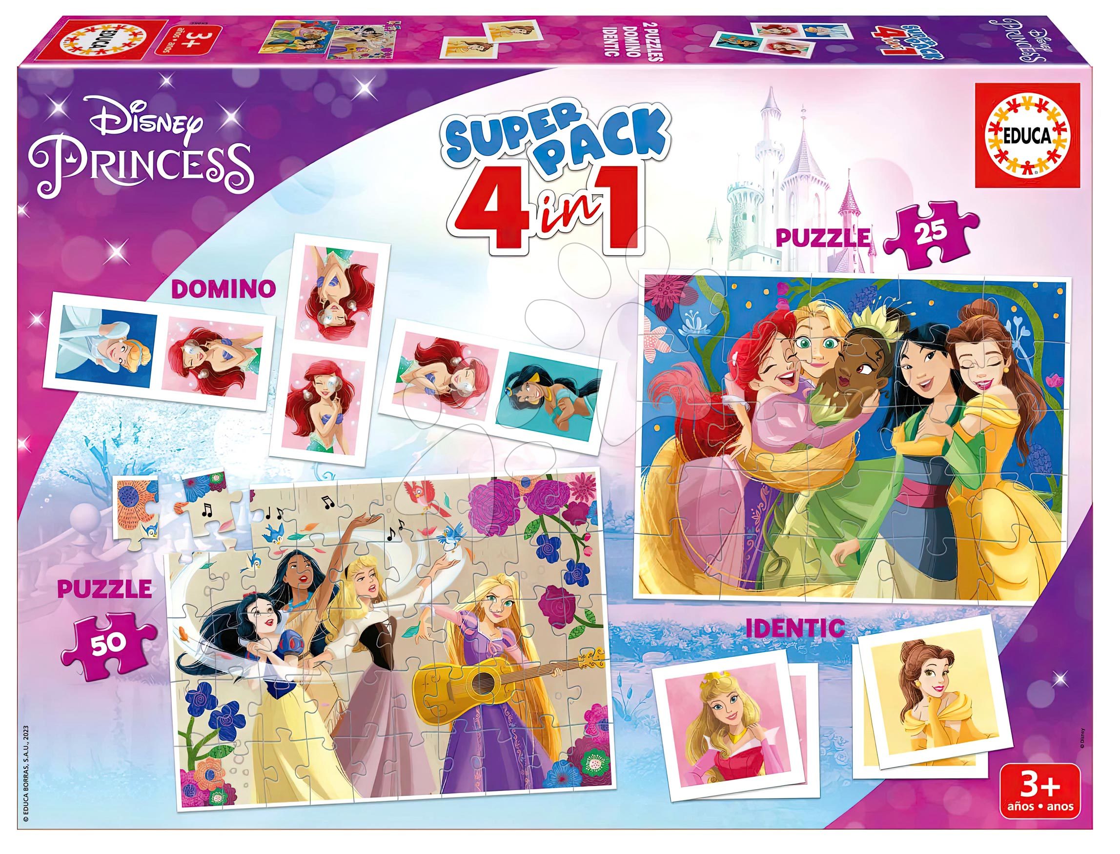 Superpack 4v1 Disney Princess Educa domino pexeso a puzzle s 25 a 50 dielikmi