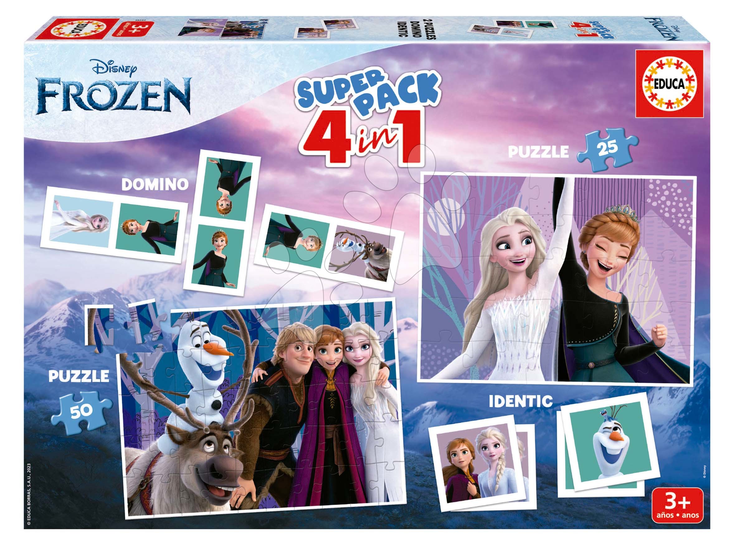 Superpack 4v1 Frozen Educa domino pexeso a puzzle s 25 a 50 dílky