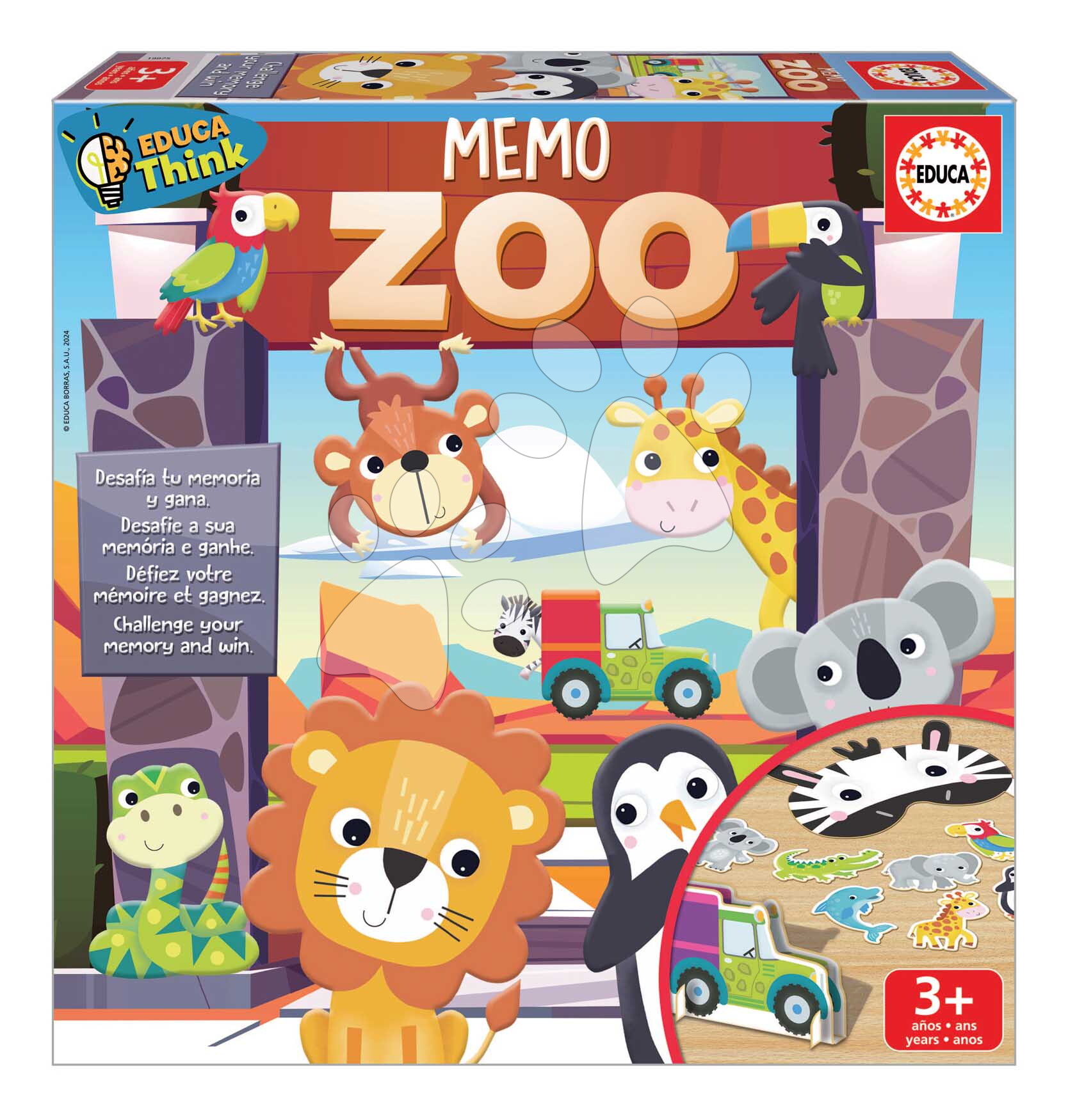 Memóriajáték állatokkal és álarcokkal Memo Zoo Educa 2-4 játékosnak spanyol angol francia és portugál nyelveken