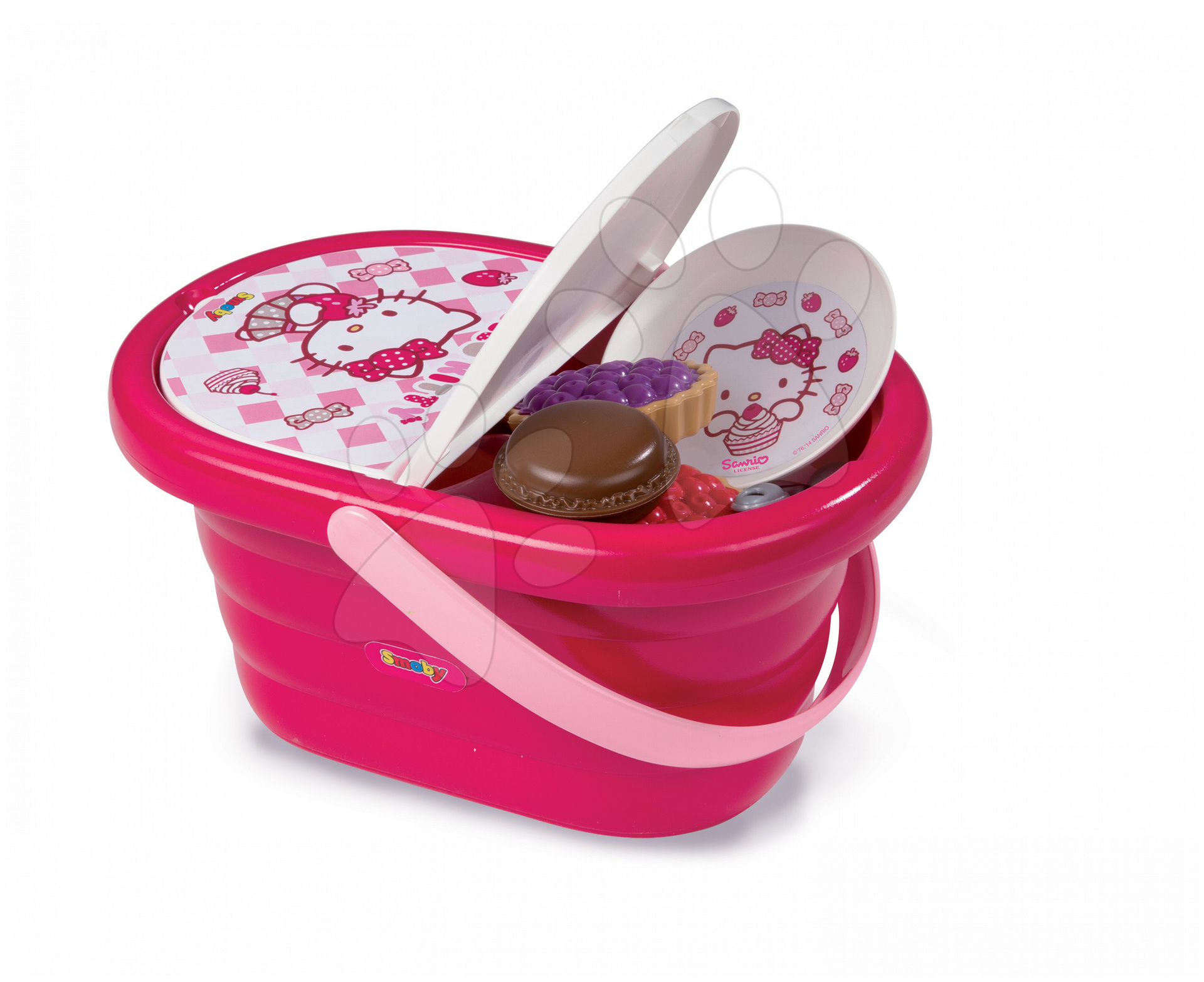 Riadíky a doplnky kuchynky - Piknikový košík Hello Kitty Smoby s 24 doplnkami tmavoružový