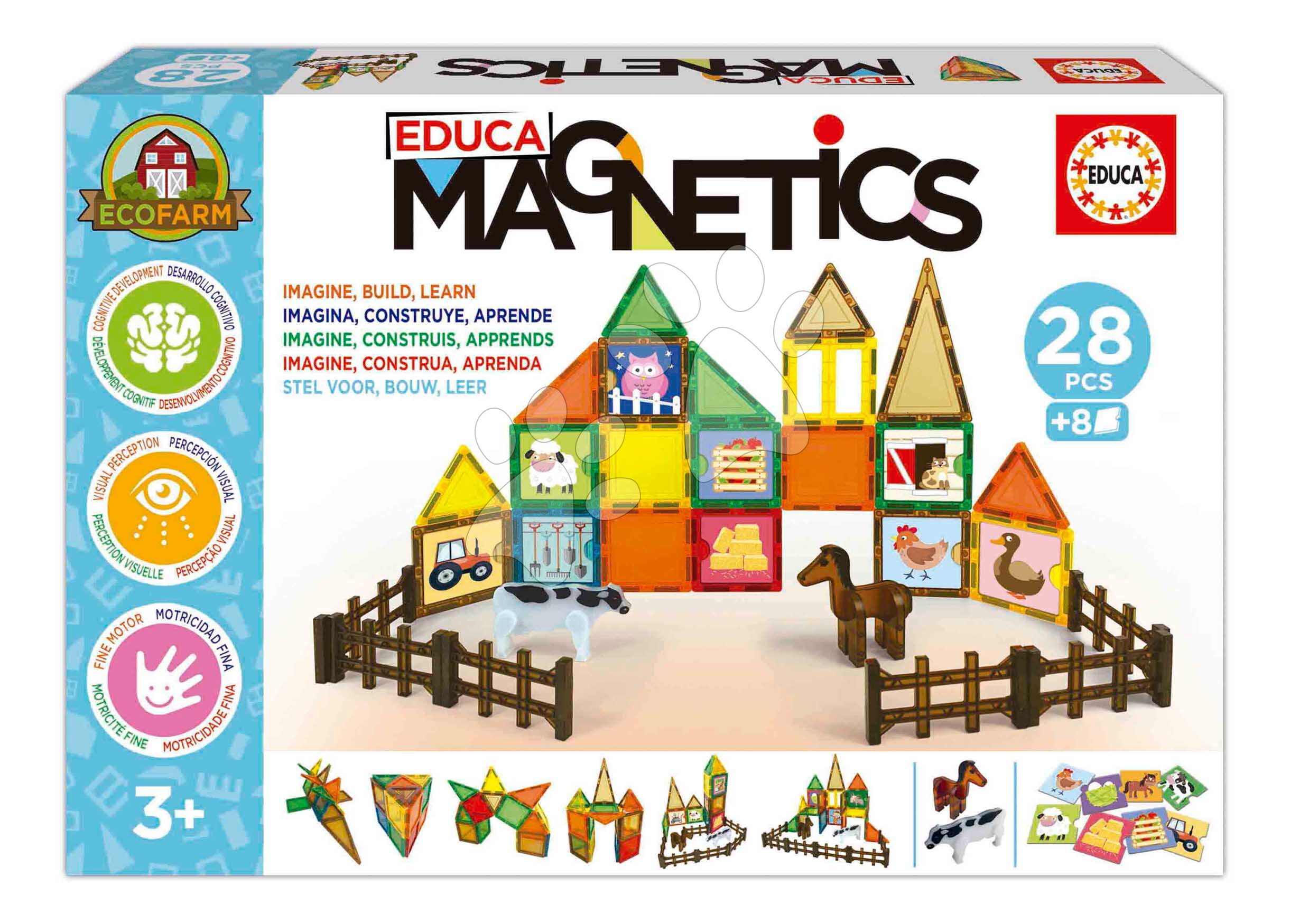 Mágneses építőjáték Ökobarát farm Magnetics Eco Farm Educa 28 színes darab 2 állatfigurával 3 évtől