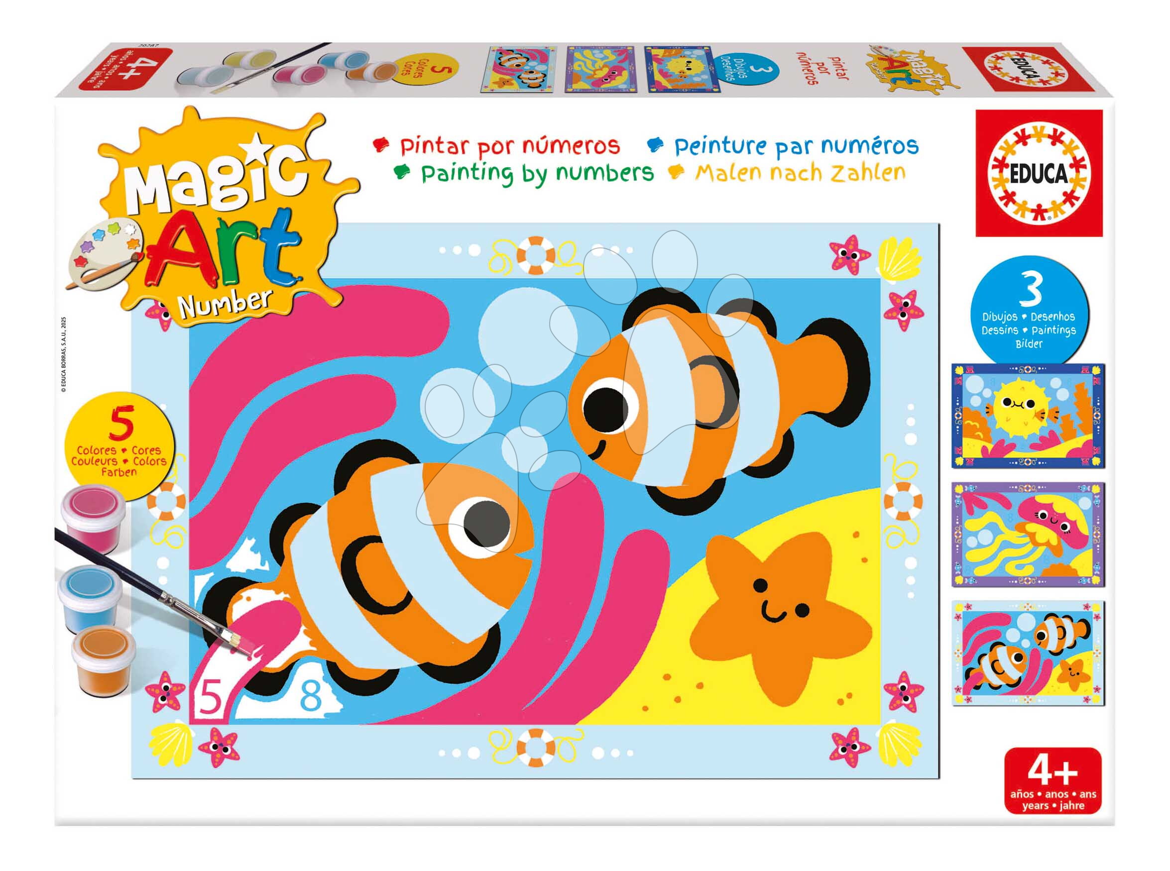 Maľovanie podľa čísiel More Magic Art Number Under The Sea Educa 3 obrázky s 5 farbami štetcom a paletou od 4 rokov