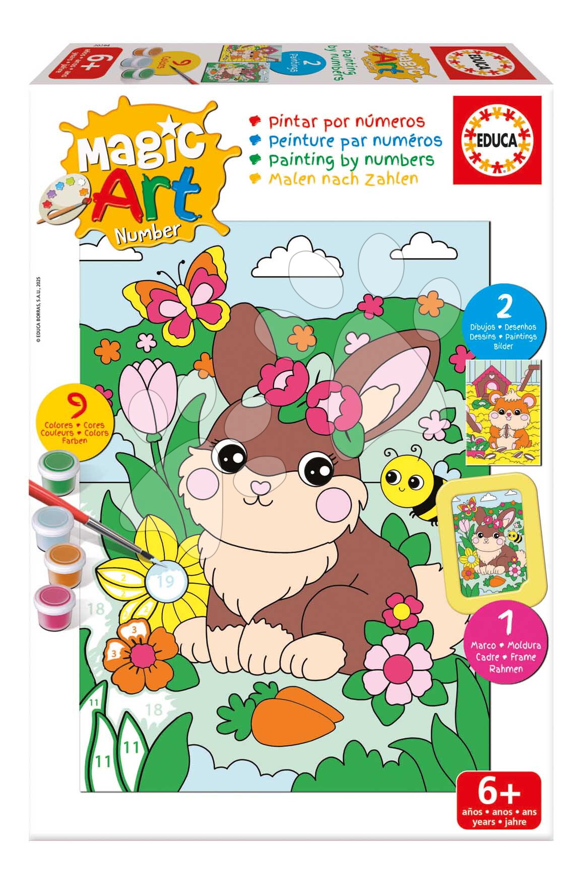 Maľovanie podľa čísiel Zvieratká Magic Art Number Pets Educa 2 obrázky s rámikom a 9 farieb so štetcom a paletou od 6 rokov
