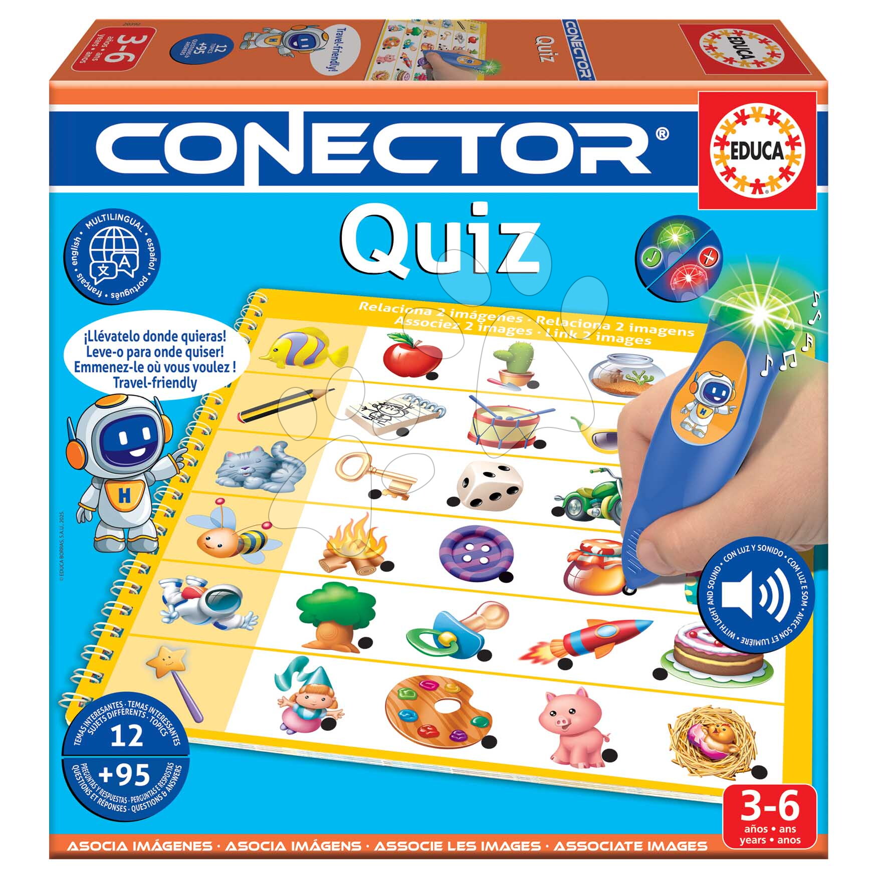 Társasjáték Kvíz Quiz Conector Educa Intelligens hang- és fényjelzéssel működő tollal 95 kérdéssel spanyol francia portugál és angol nyelven 3 évtől