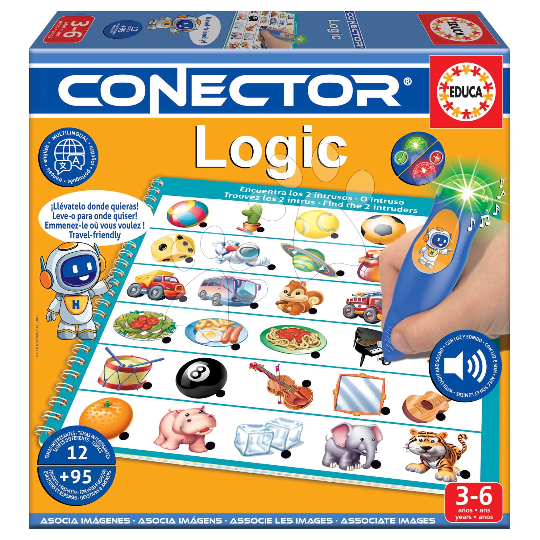 Társasjáték Tanuljunk meg logikusan gondolkodni Logic Conector Educa Intelligens hang- és fényjelzéssel működő tollal 95 kérdéssel spanyol francia portugál és angol nyelven