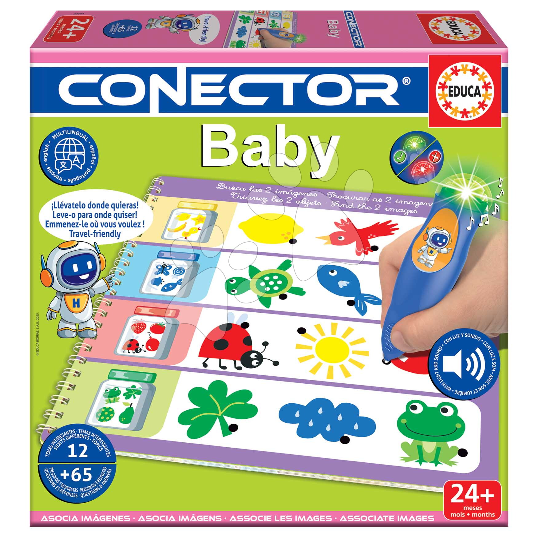 Társasjáték Tanuljunk tematikus képekkel Baby Conector Educa Intelligens hang- és fényjelzéssel működő tollal 65 kérdéssel spanyol francia portugál és angol nyelven 24 hó-tól