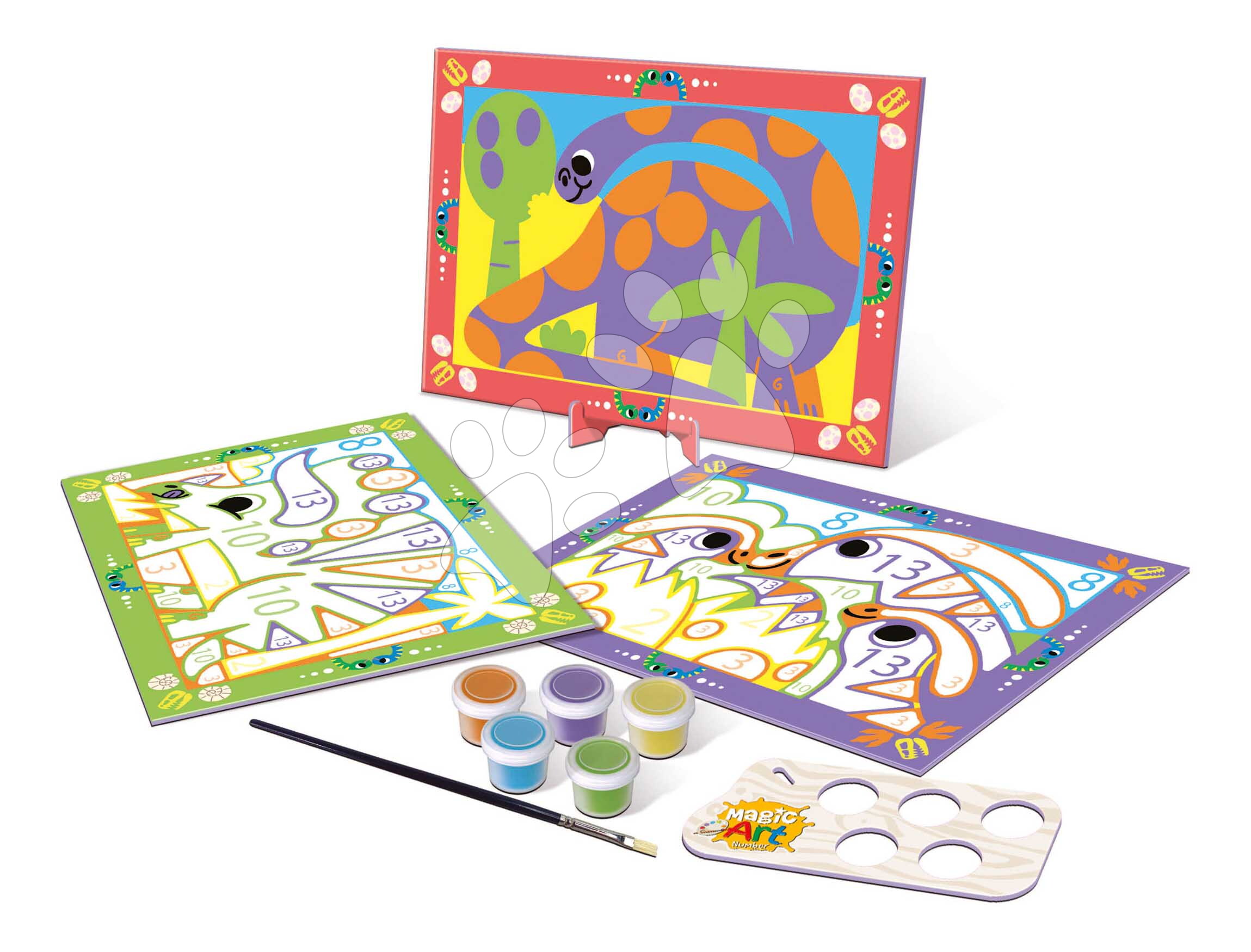 Festés számok szerint Dínók Magic Art Number Dinosaurs Educa 3 kép 5 festékkel ecsettel és palettával 4 évtől