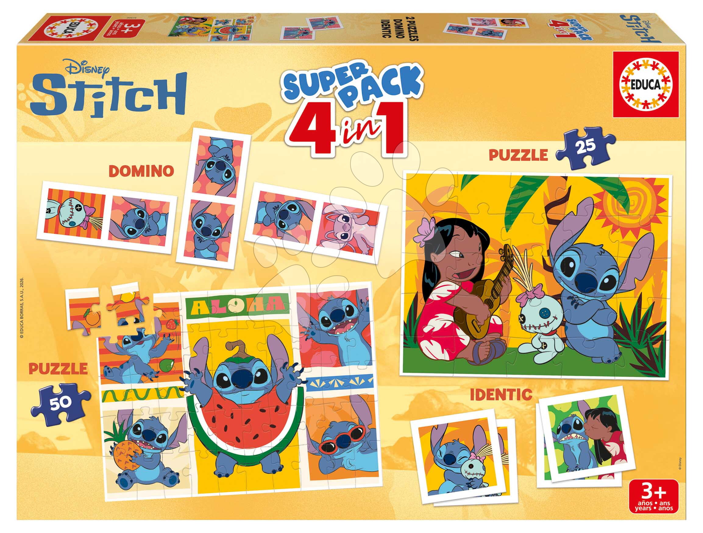 Superpack 4in1 Stitch Educa domino pexeso és puzzle 25 és 50 darabos