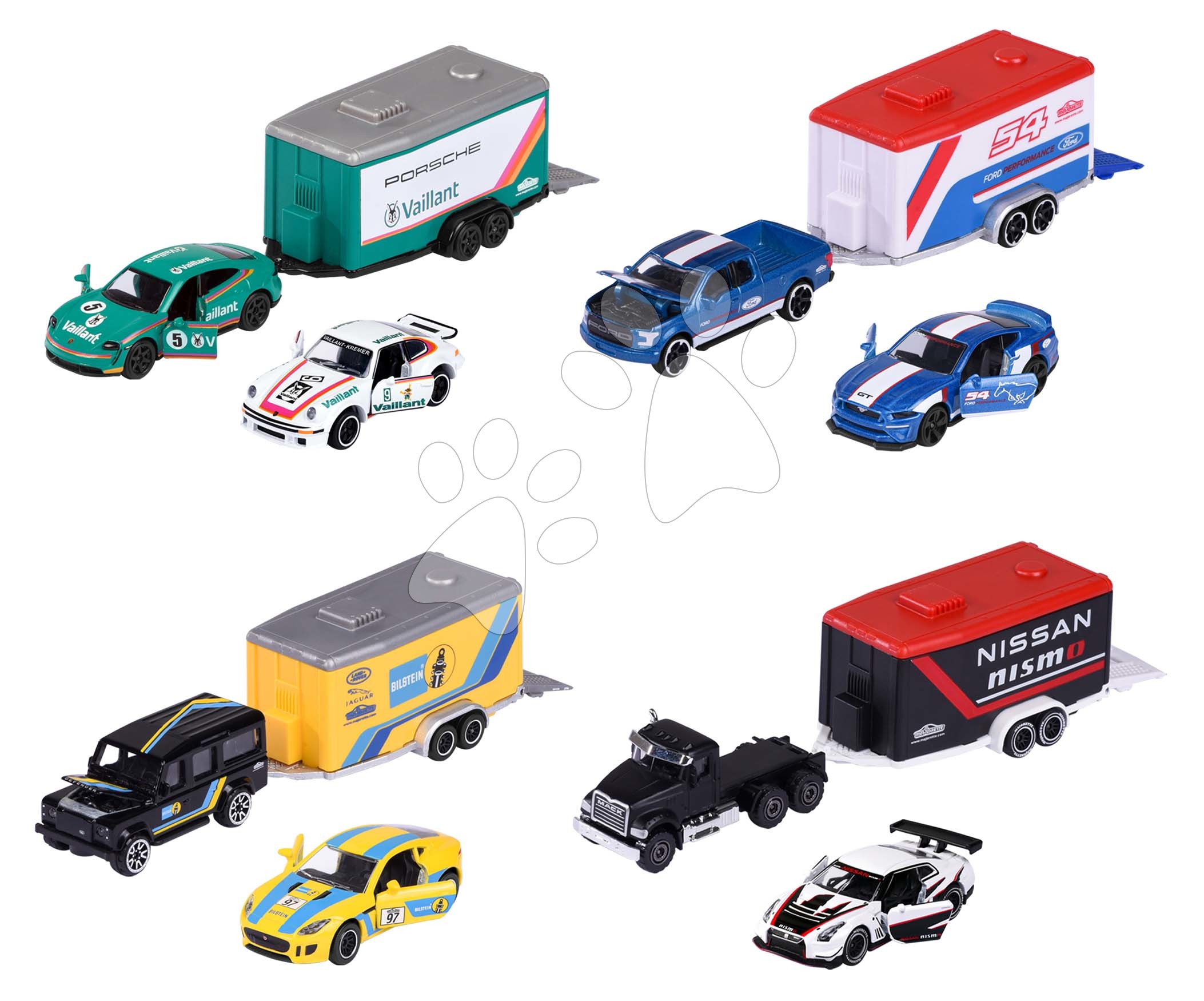 E-shop Autíčka s prívesom Race Trailer Majorette kovové s otvárateľnými časťami dĺžka 18 cm