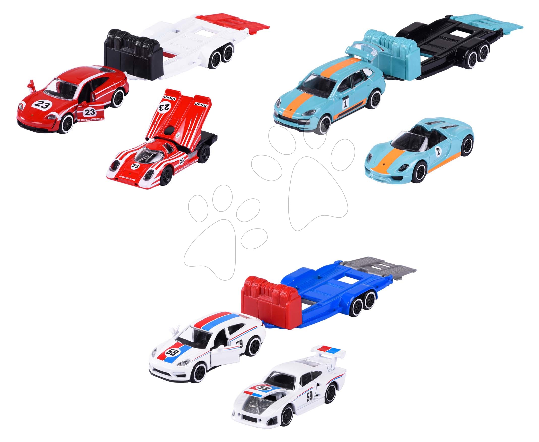 E-shop Autíčka s prívesom Porsche Motorsport Race Trailer Majorette kovové s otvárateľnými časťami dĺžka 18 cm