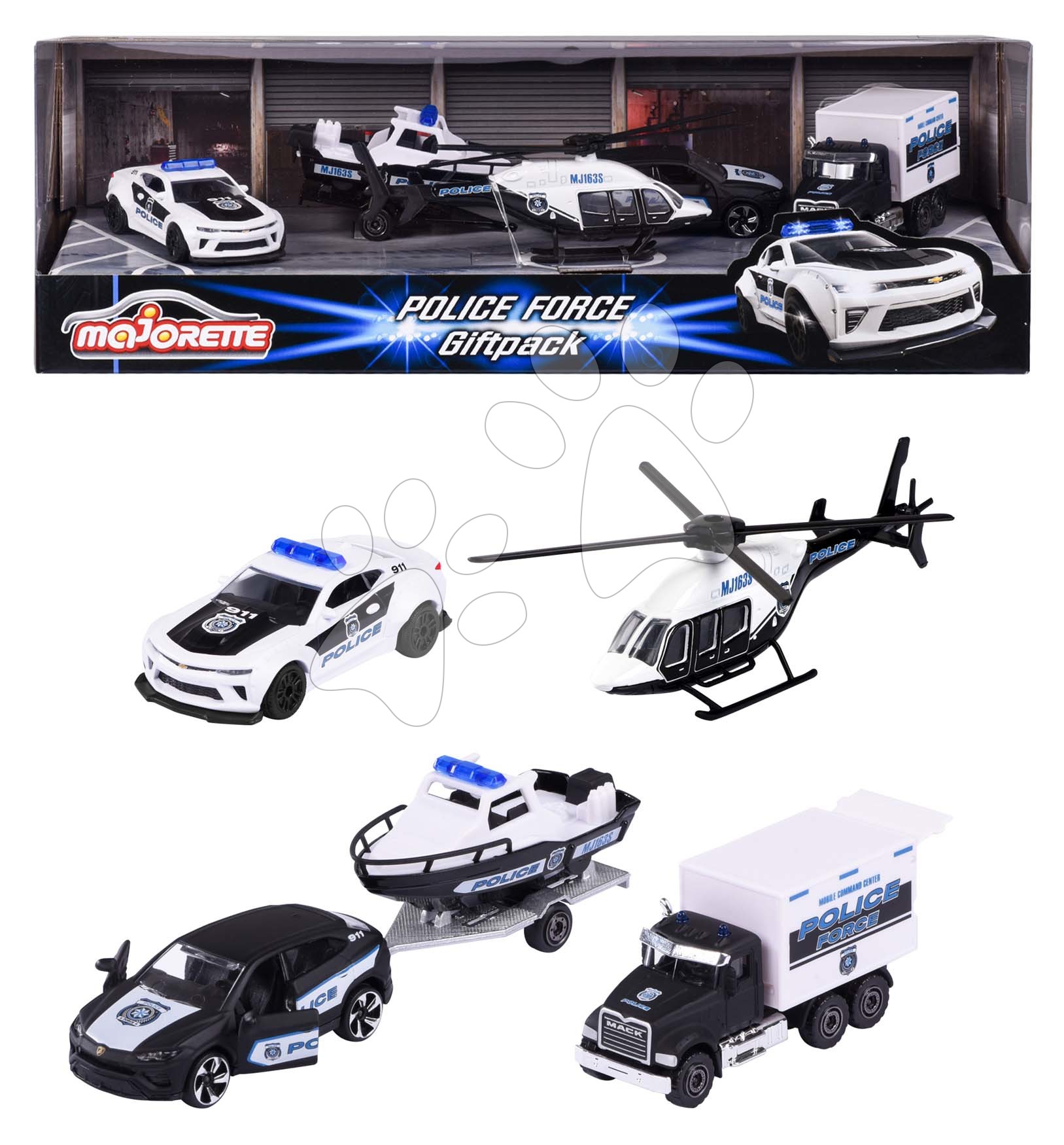 Kisautók rendőrségi járművek Police Force 4 Pieces Giftpack Majorette fém 4 fajta ajándékcsomagolásban 7,5 cm hosszú