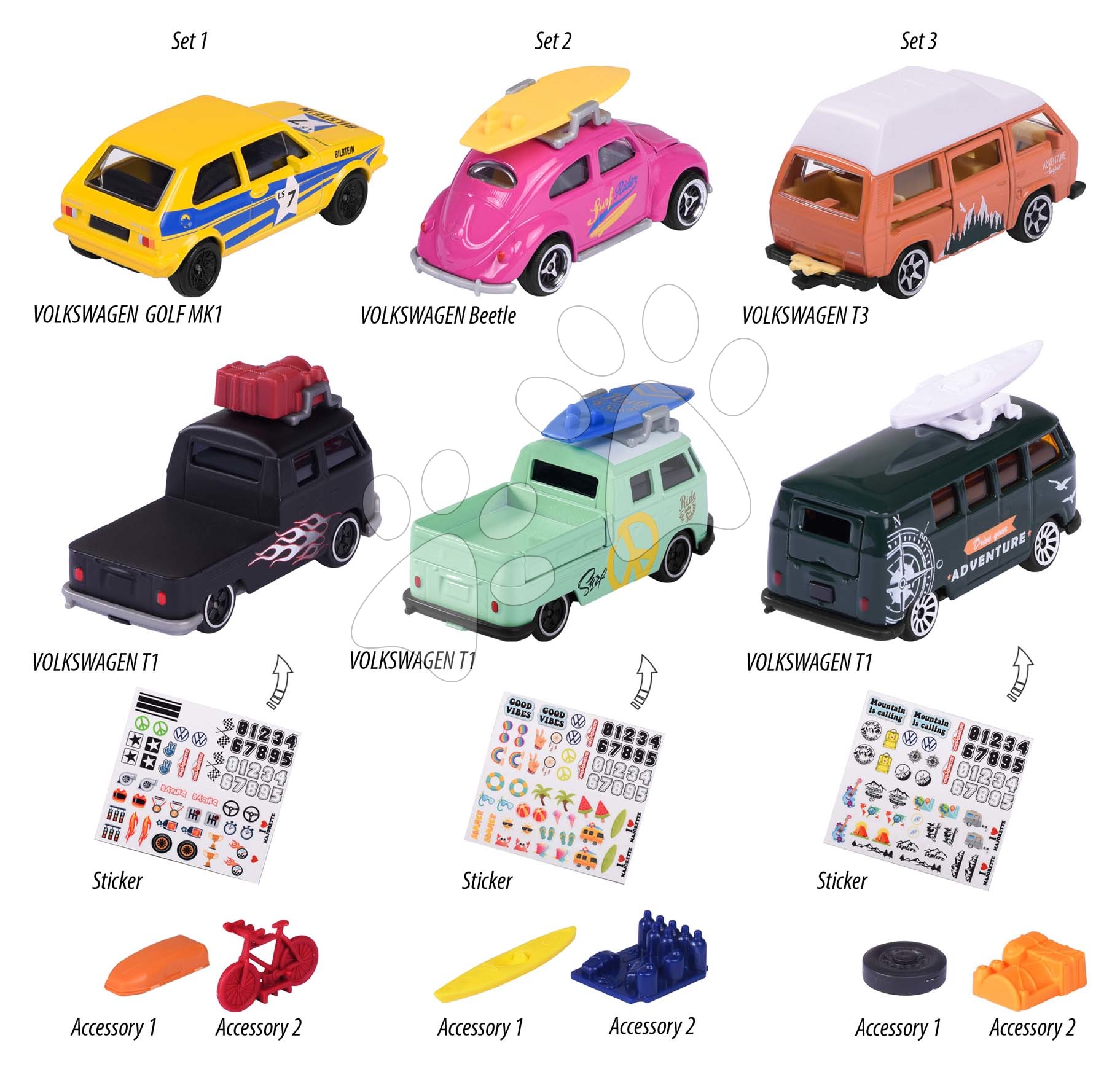 E-shop Autíčka VW The Originals Majorette kovové s nálepkami dĺžka 7,5 cm sada 2 druhov 3 varianty