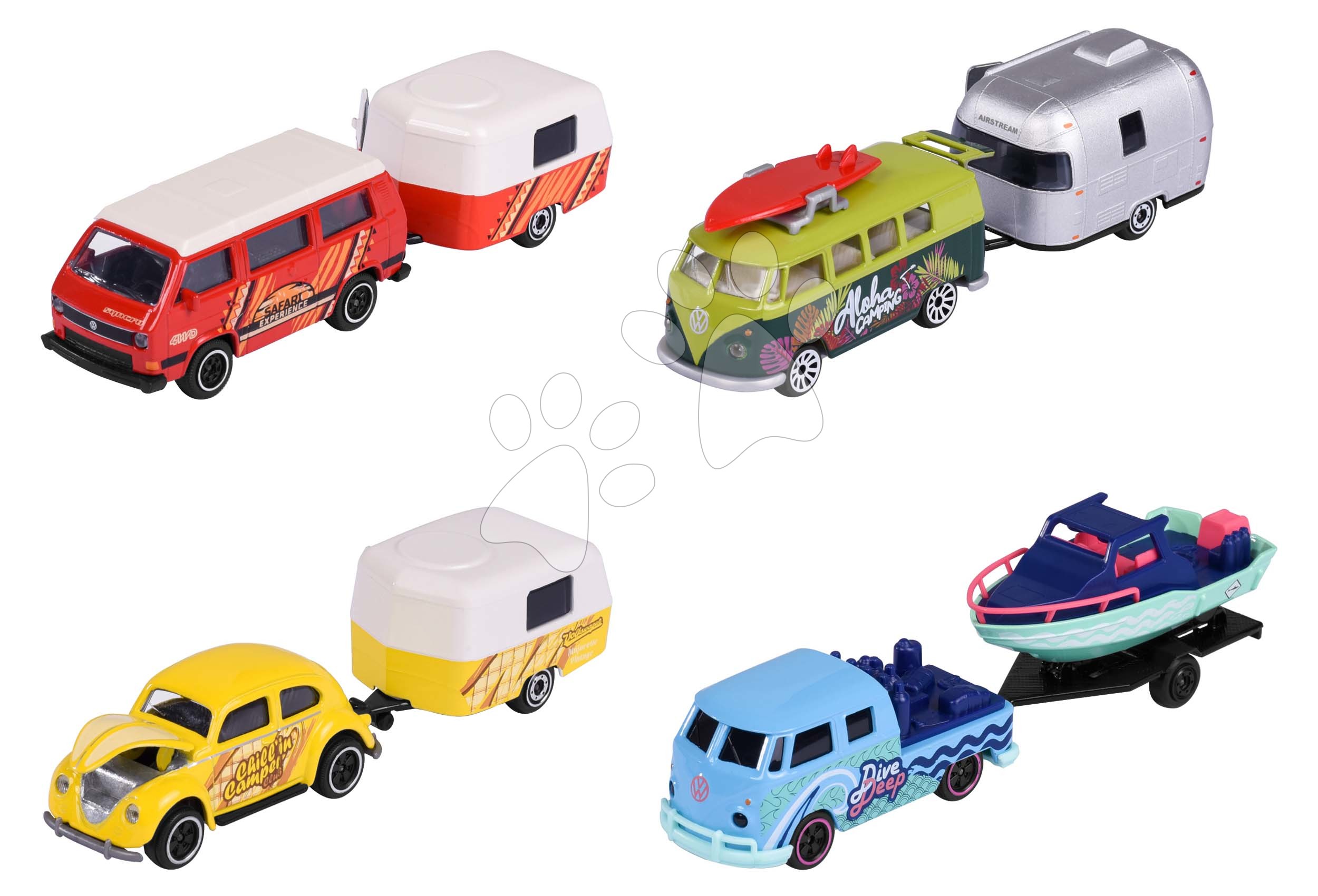 Kisautó pótkocsival VW The Originals Trailer Majorette fém felfüggesztéssel 13 cm hossza 4 fajta