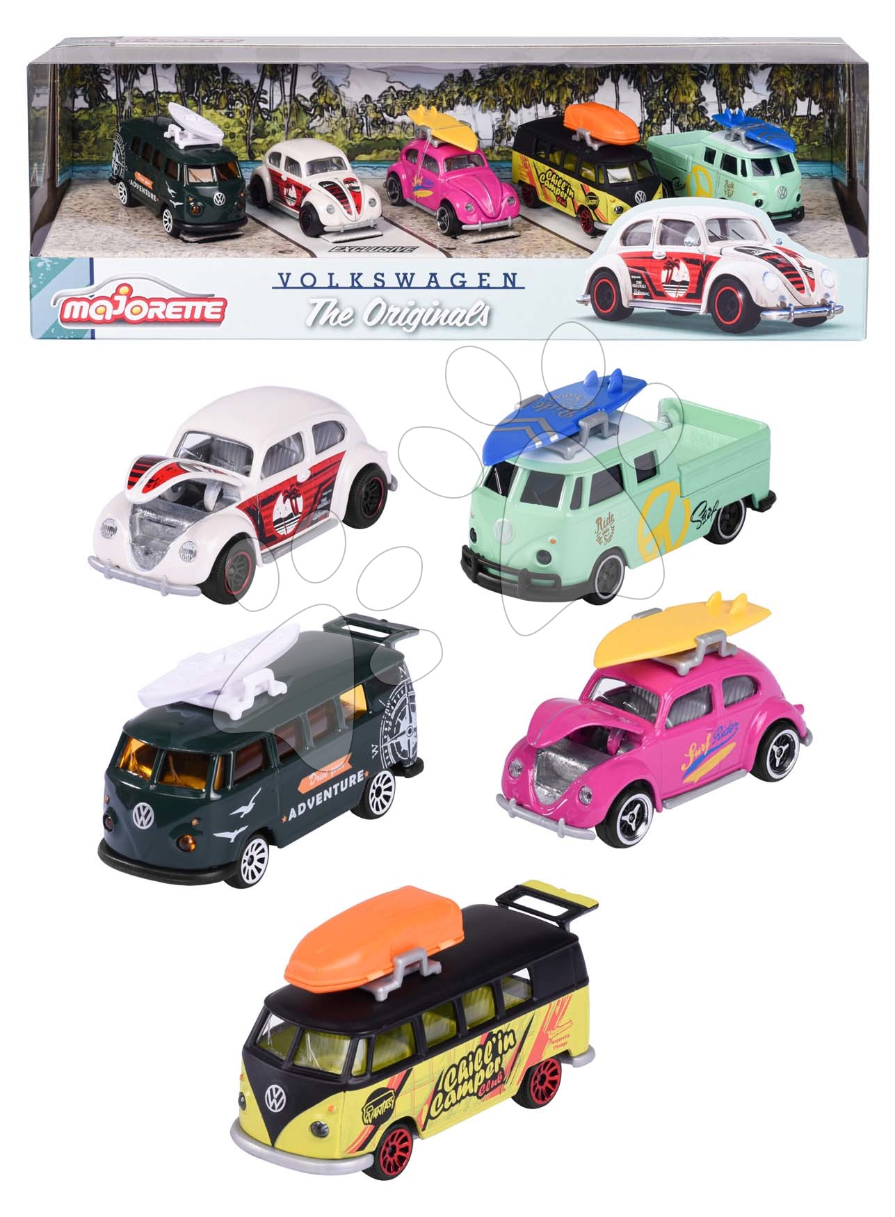 Kisautók VW The Originals 5 Pieces Pack Majorette fém 7,5 cm hosszú 5 fajta ajándékcsomagolásban