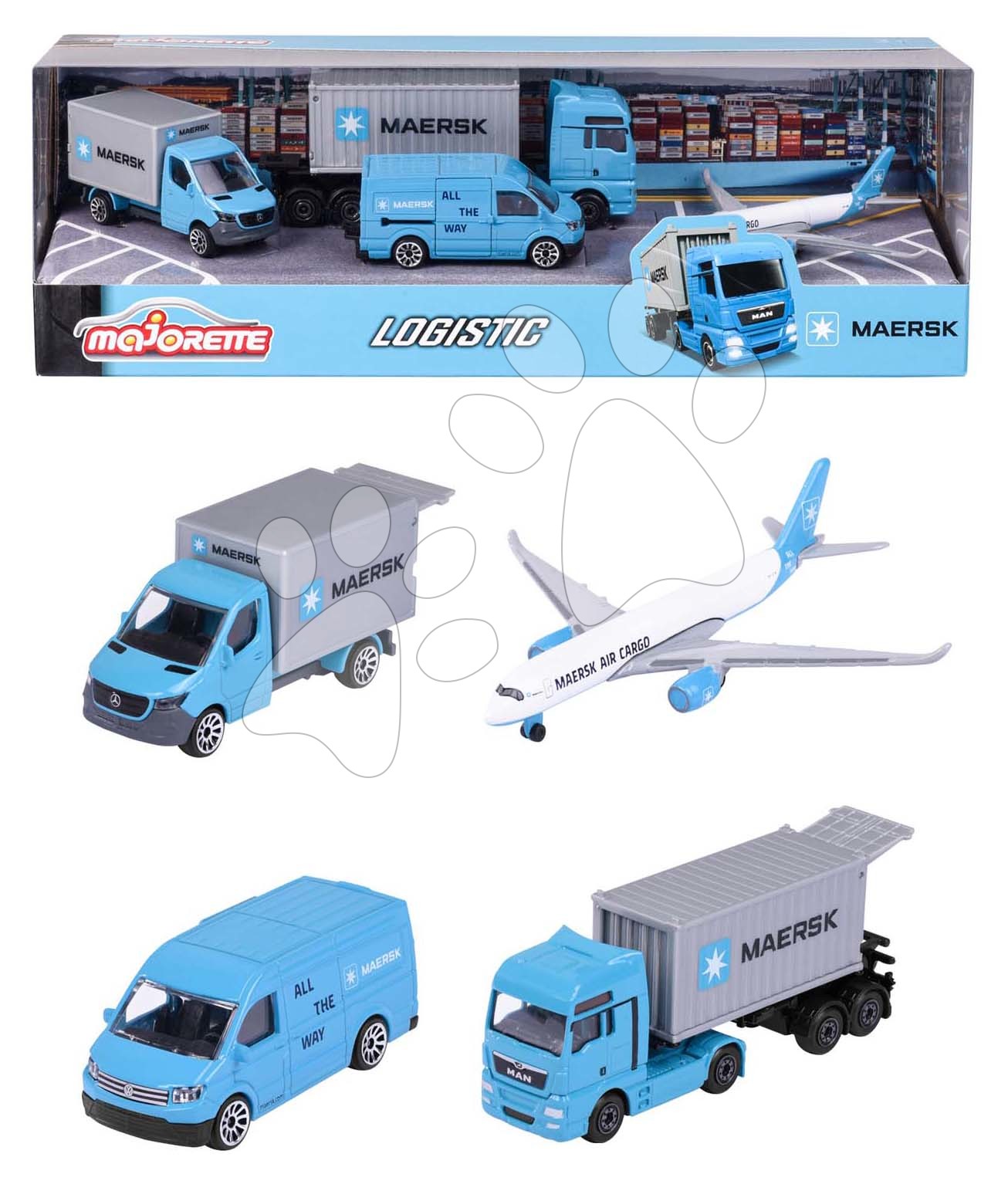 Autíčka přepravní MAERSK 4 Pieces Giftpack Majorette kovová 7,5 cm délka sada 4 druhů v dárkovém balení