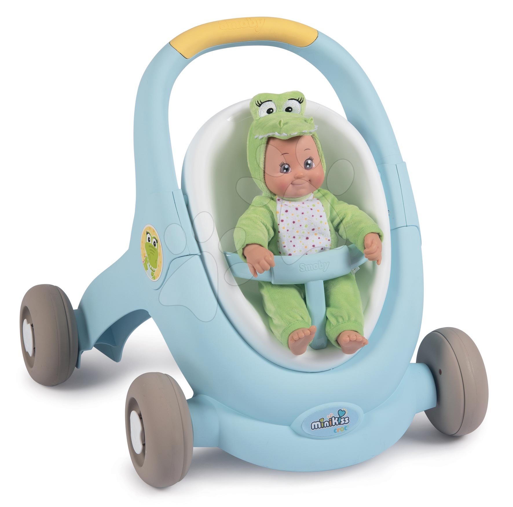 Járássegítő és babakocsi játékbabának Croc Baby Walker Minikiss 3in1 Smoby fékkel és biztonsági övvel 12 hó-tól