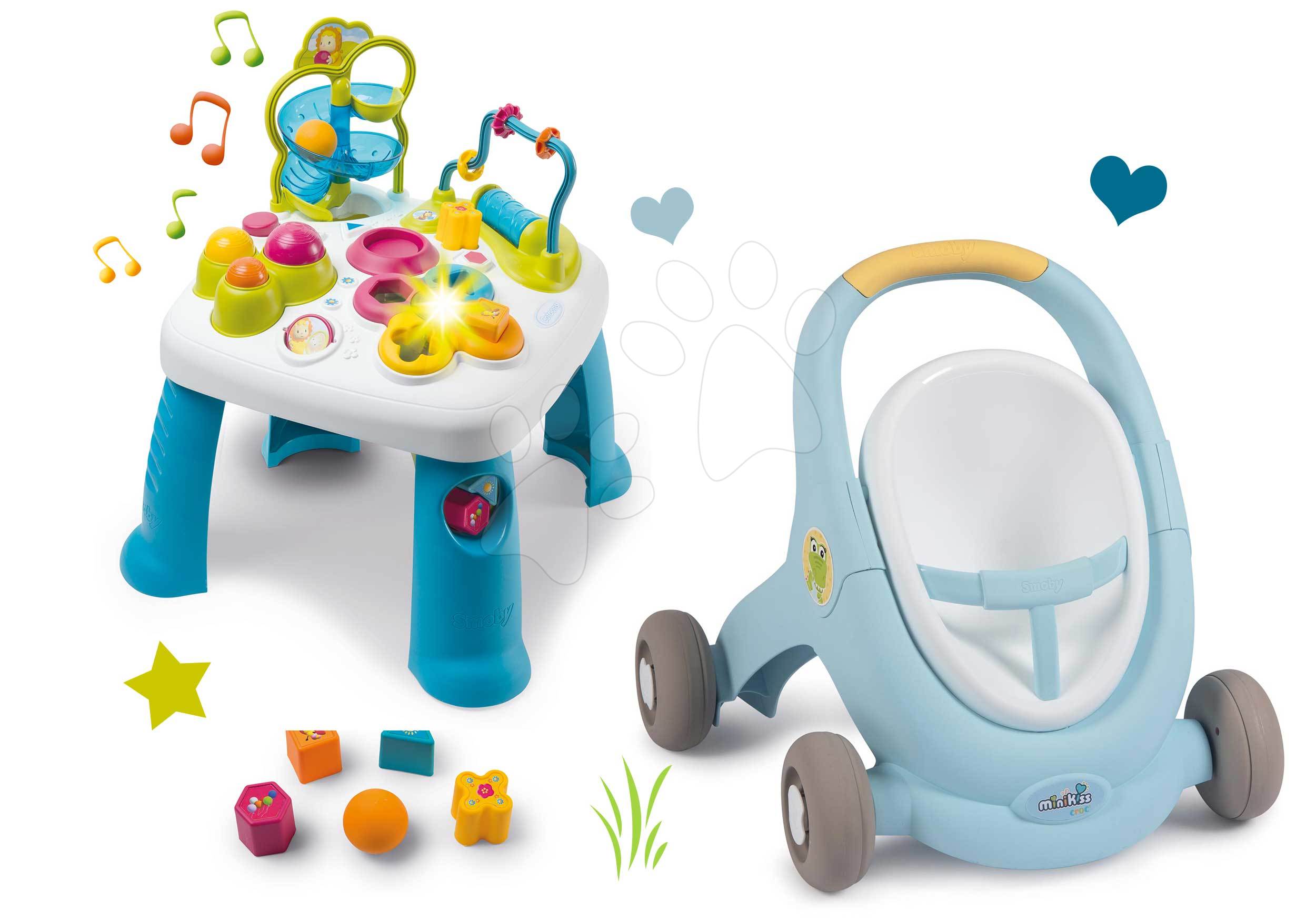 Dječje hodalice - Set hodalica i kolica s kočnicom Croc Baby Walker Minikiss 3in1 Smoby i didaktički stolić sa zvukom i svjetlom