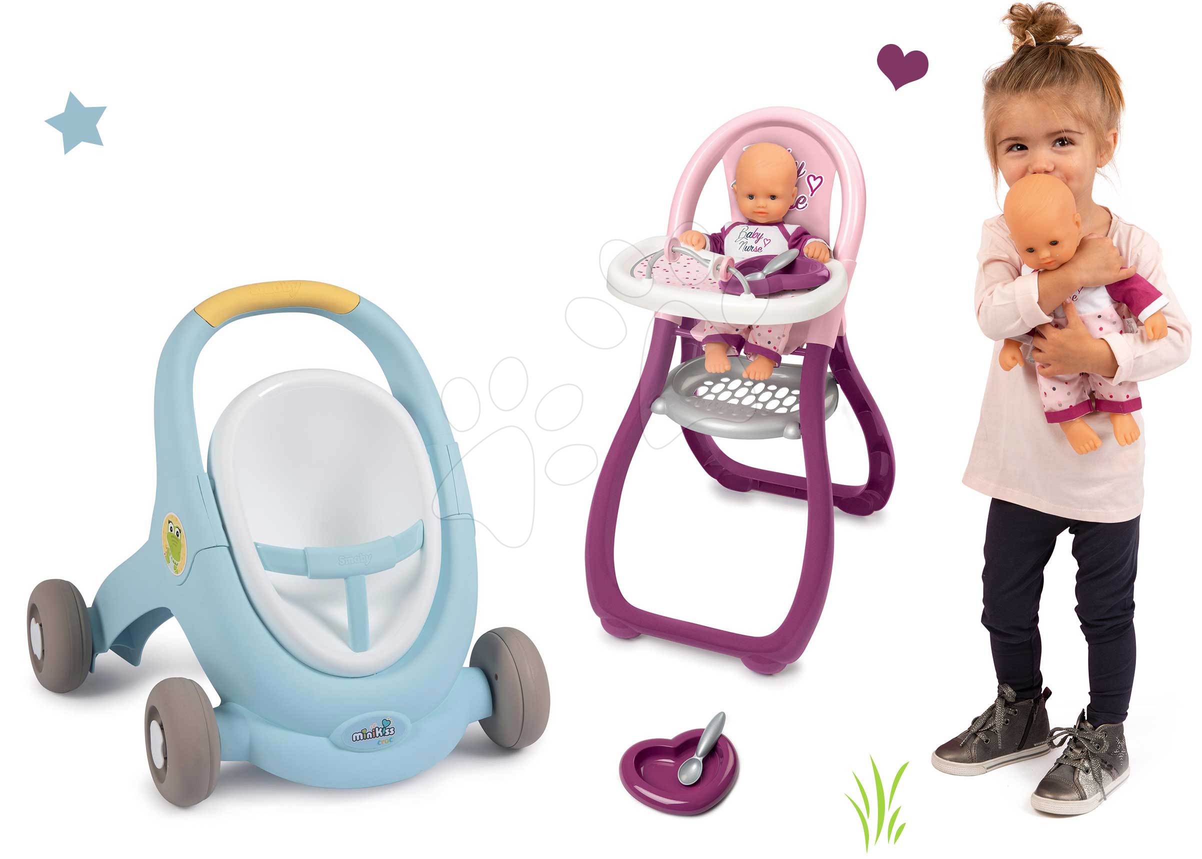 Set chodítko a kočík s brzdou Croc Baby Walker Minikiss 3in1 Smoby a jedálenská stolička s bábikou