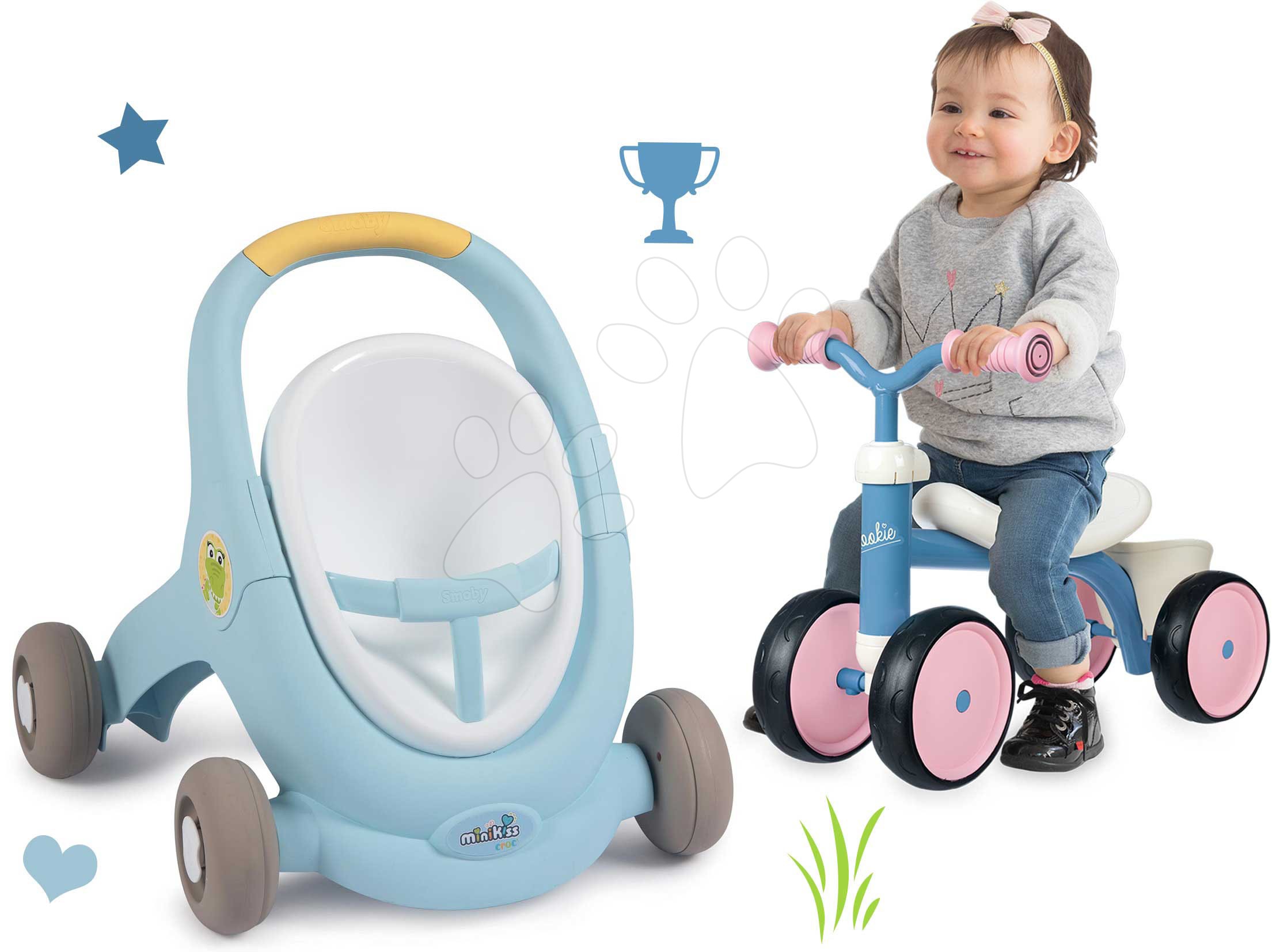 Detské chodítka - Set chodítko a kočík s brzdou Croc Baby Walker Minikiss 3in1 Smoby s odrážadlom Rookie ružové