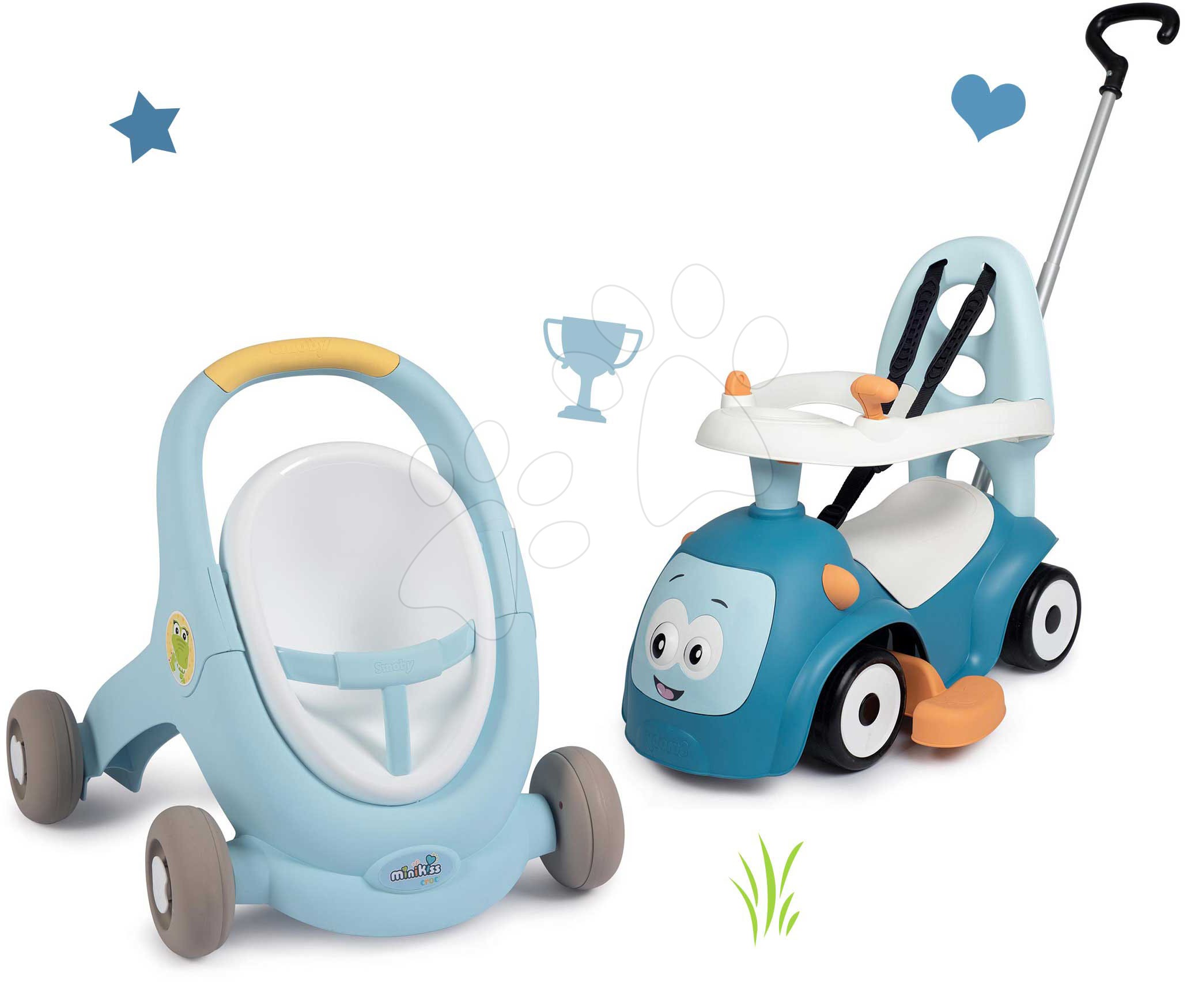 Dječje hodalice - Set hodalica i kolica s kočnicom Croc Baby Walker Minikiss 3in1 Smoby i plava guralica s naslonom