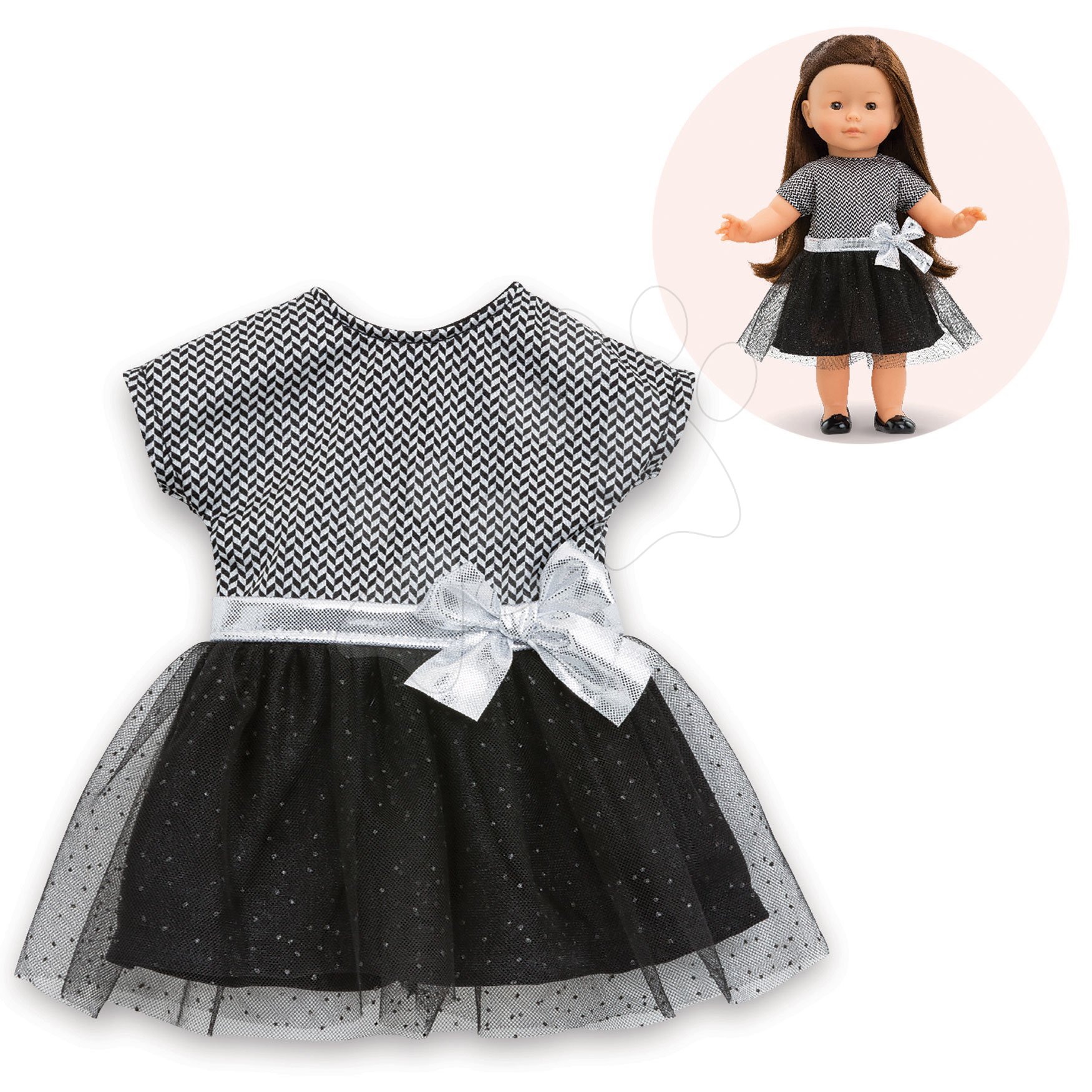 Ruhácska Evening Dress Black and Grey Ma Corolle 36 cm játékbabának 4 évtől