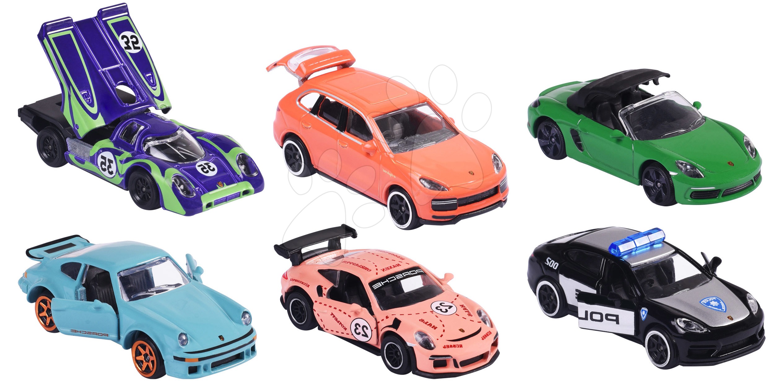 Kisautó Porsche Premium Cars Majorette fémből nyitható és gyűjtői kártyával 7,5 cm hosszú 6 fajta