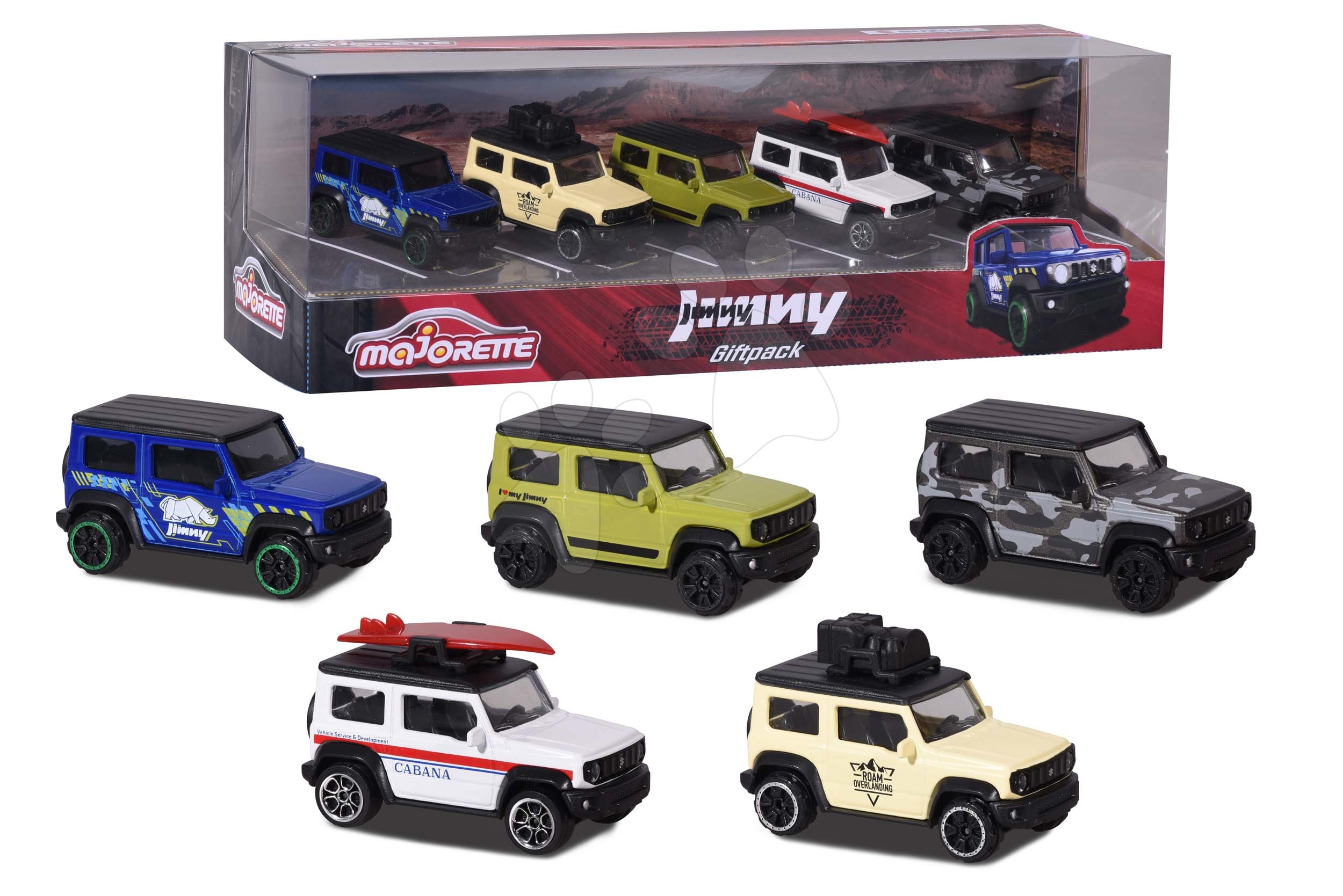 Autíčka terénní Suzuki Jimny Majorette kovová 7,5 cm délka sada 5 druhů v dárkovém balení