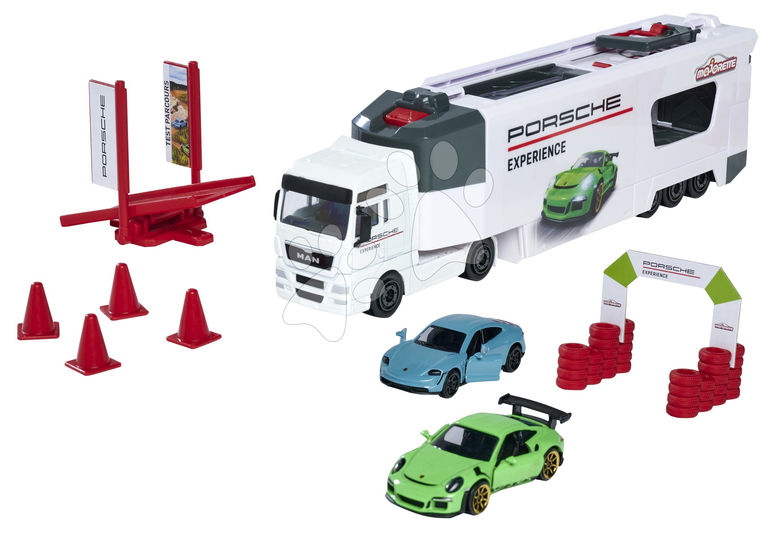 Kamion testovací centrum MAN TGX Truck Porsche Experience Majorette a 2 kovová autíčka Porsche