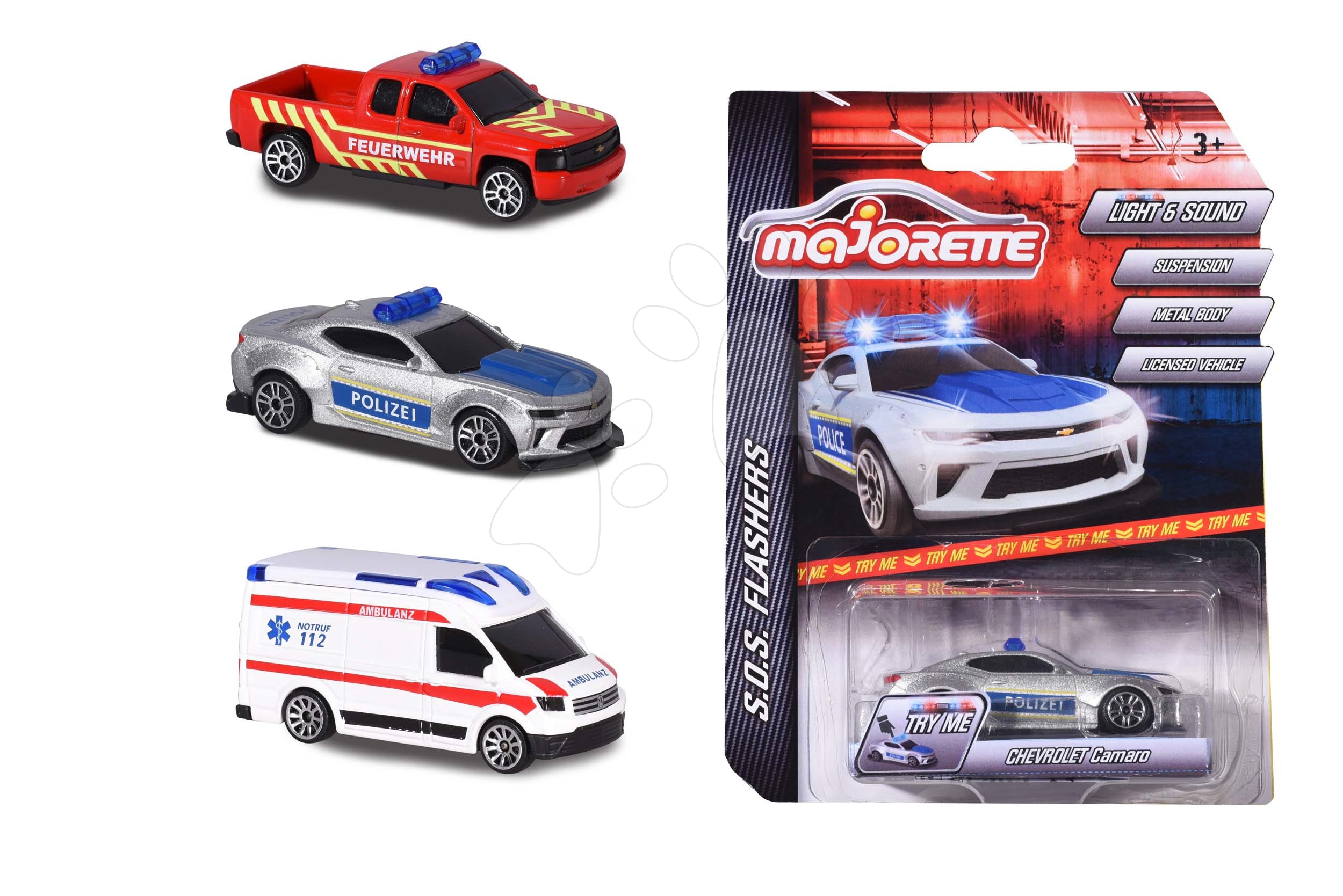 Készenléti kocsi S.O.S. Flashers Majorette fémből hanggal és fénnyel 7,5 cm hosszú 3 különböző fajta Készenléti kocsi S.O.S. Flashers Majorette fémből hanggal és fénnyel 7,5 cm hosszú 3 különböző fajta