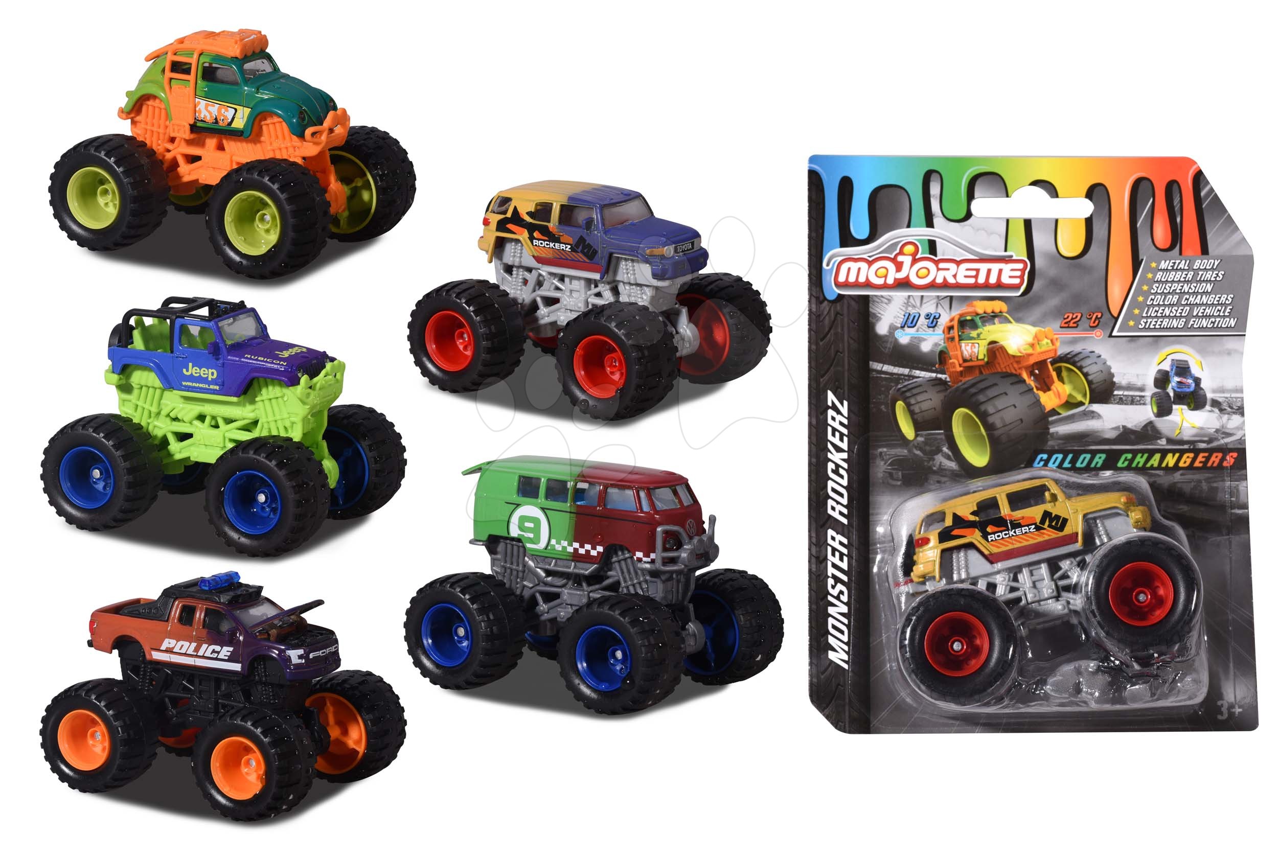 Színváltós kisautók Monster Rockerz Color Changers Majorette felfüggesztéssel és gumikerekekkel 7,5 cm hosszú 5 különböző fajta