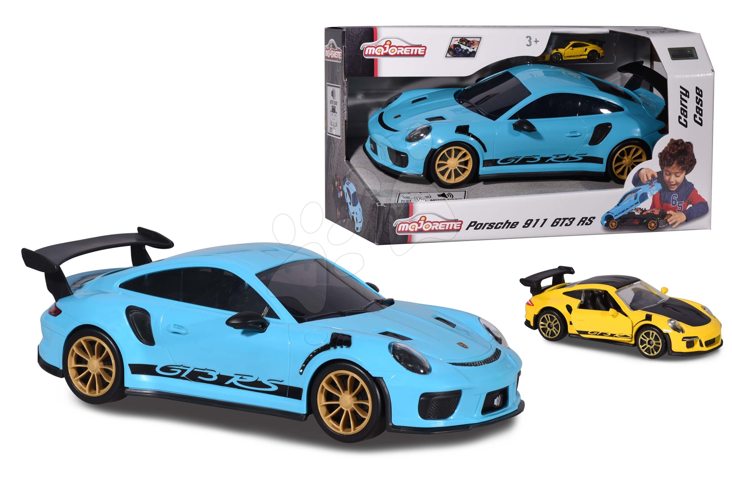 Kisautó Porsche dobozban 911 GTR3 RS Carry Case Majorette hanggal 35 cm hosszú és 1 mini kisautó