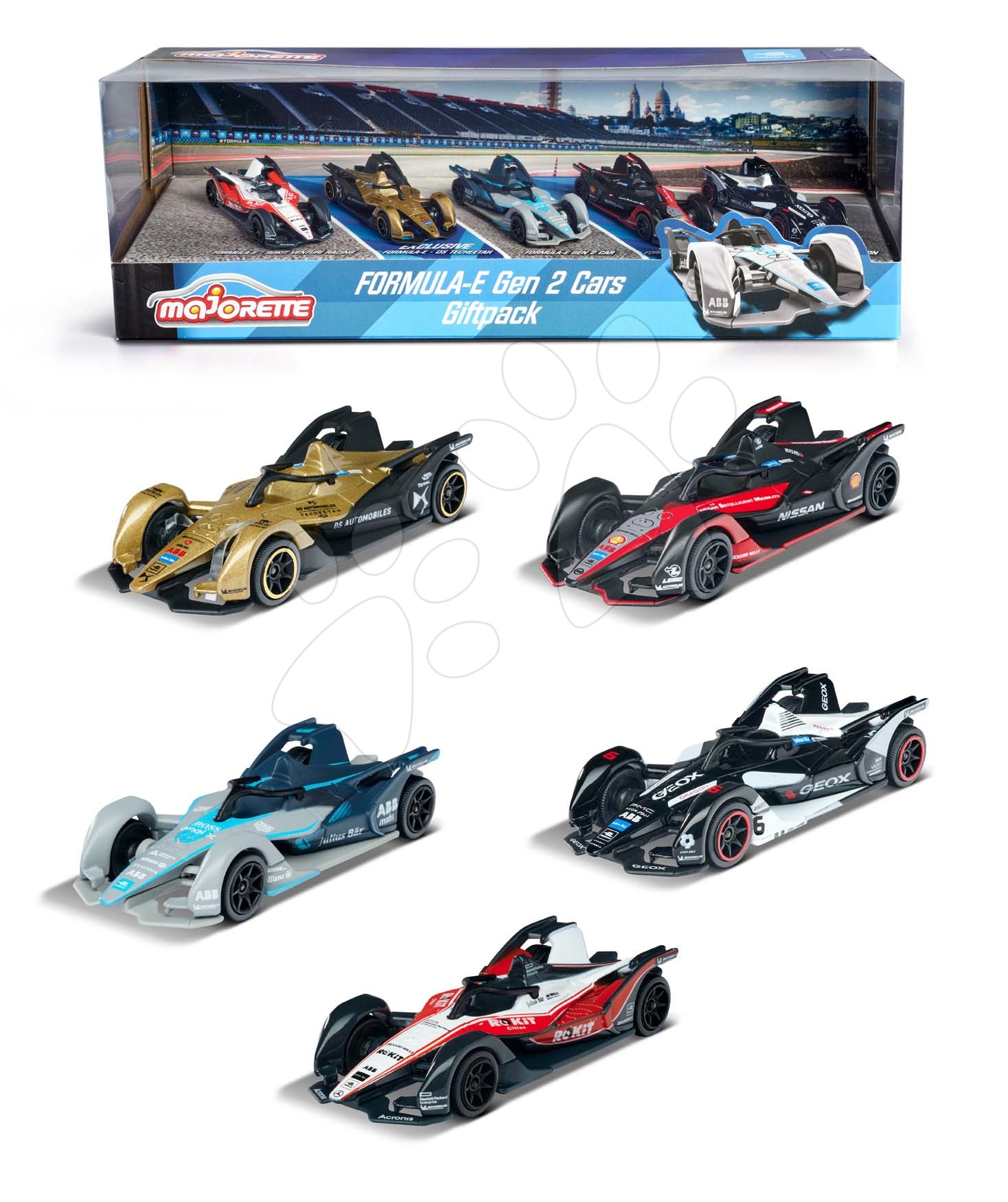 Autíčka Formula E Gen 2 Cars Majorette kovová s gumovými kolečky 7,5 cm délka sada 5 druhů v dárkovém balení