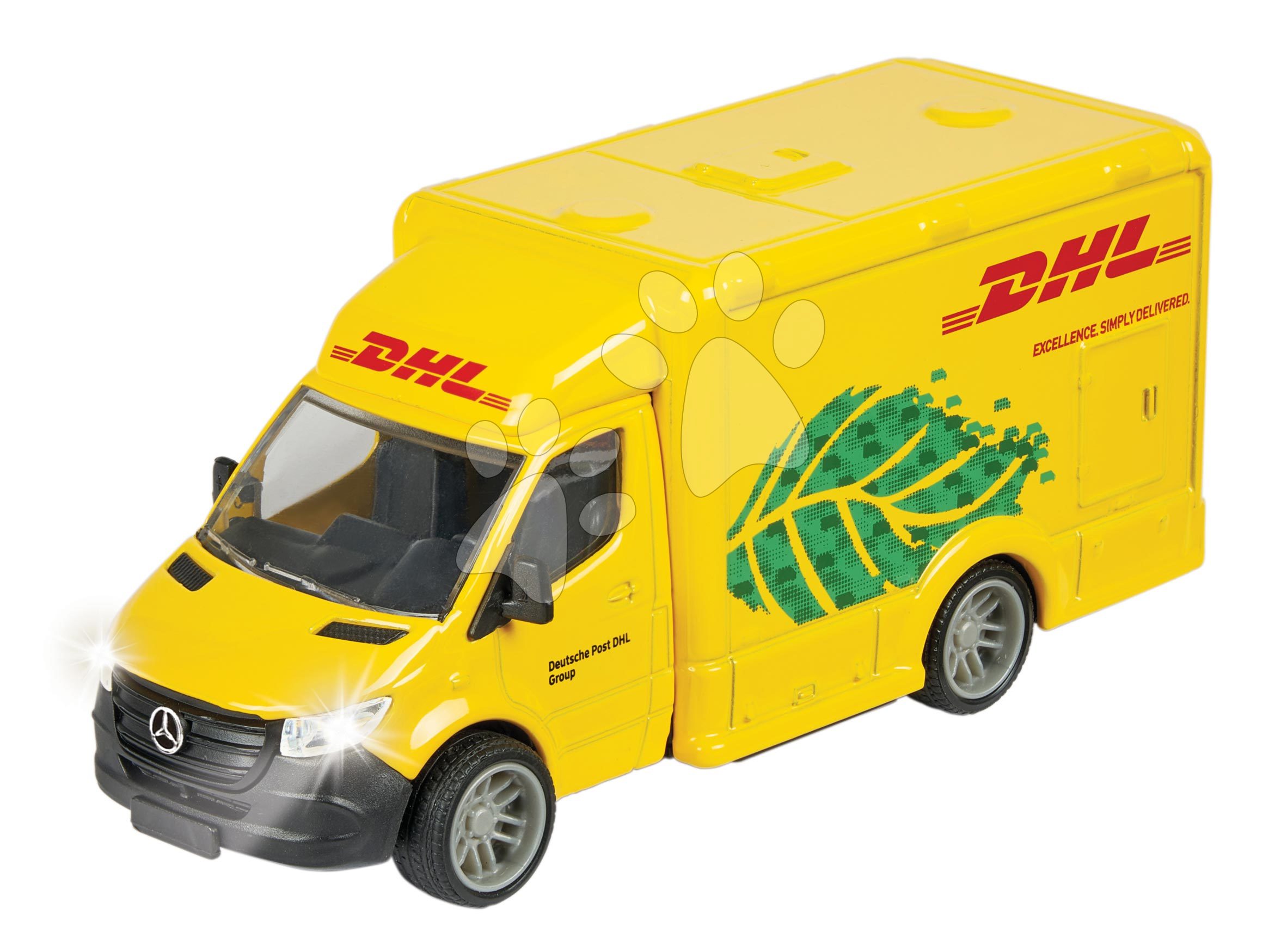 Futárautó Mercedes-Benz Sprinter DHL Majorette hanggal és fénnyel hossza 15 cm