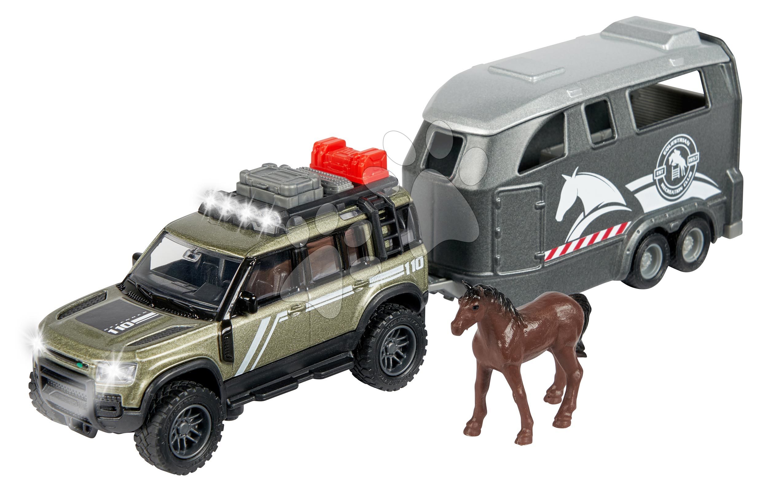 Auto terénne s prívesom pre koňa Land Rover Horse Carrier Majorette 25 cm dĺžka so zvukom a svetlom