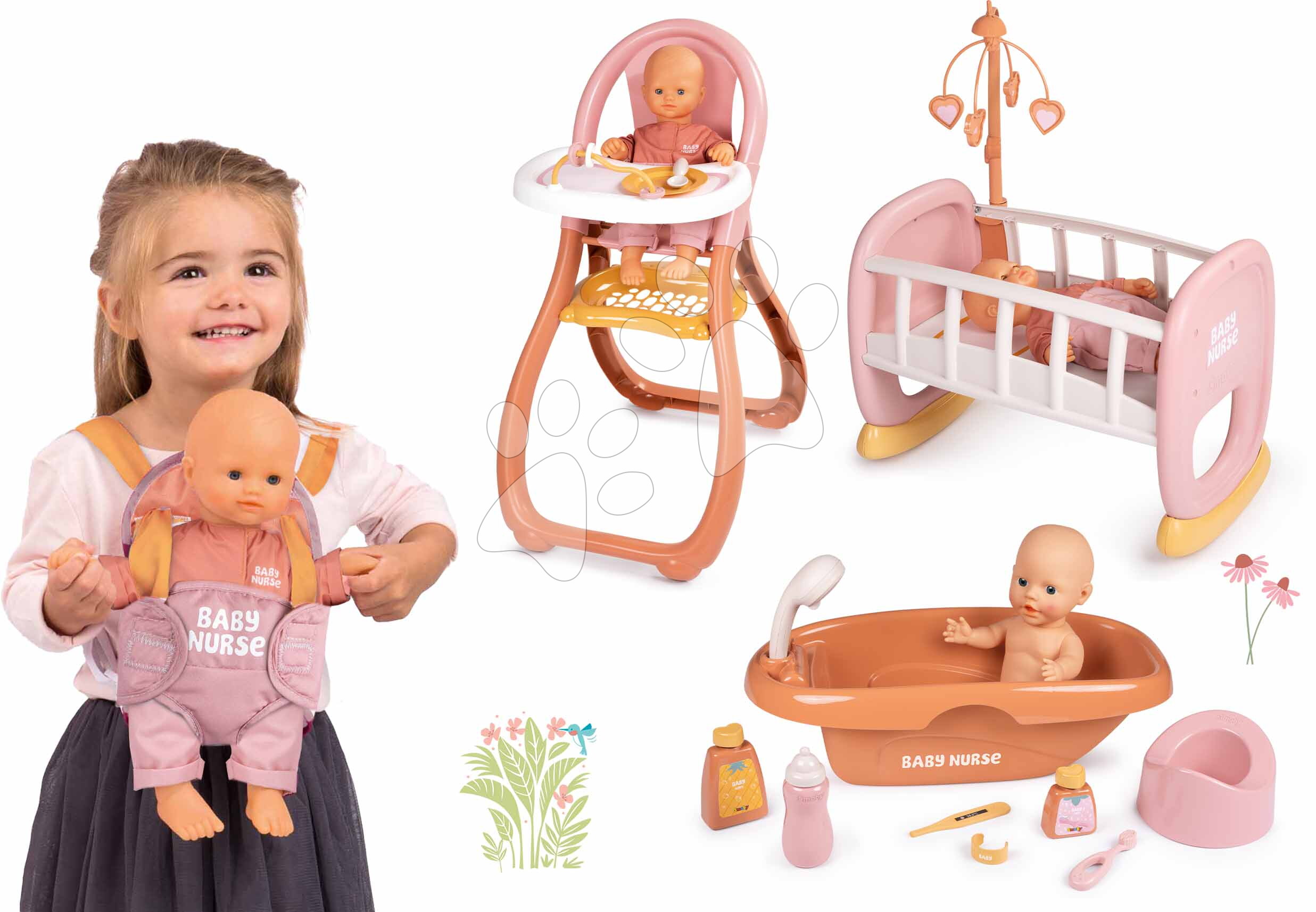 Set bábika v dupačkách v jedálenskom kútiku Doll Baby Nurse Smoby a kolíska s kolotočom a vanička s nočníkom a klokankou