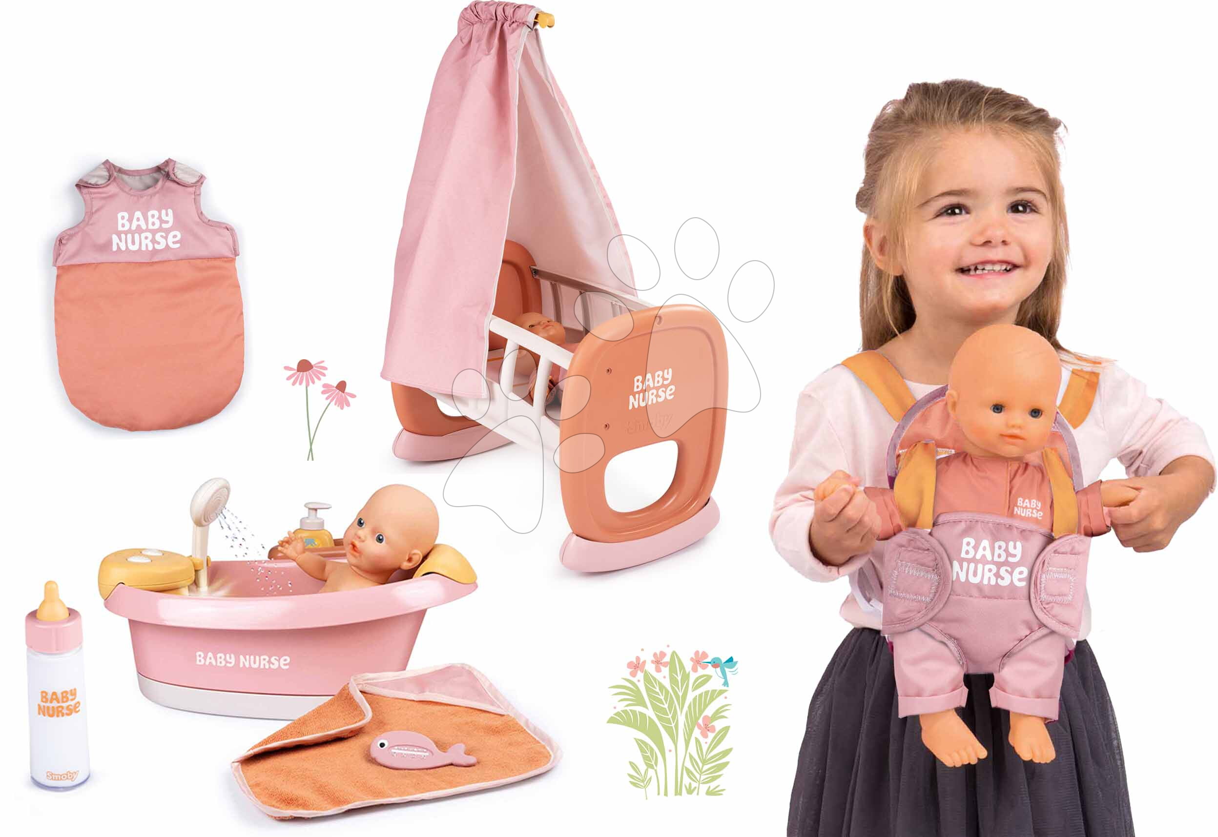 Set bábika v dupačkách vo wellnese s jacuzzi kúpeľom Doll Baby Nurse Smoby s funkčnou sprchou a kolíska s klokankou a spací vak s fľaškou