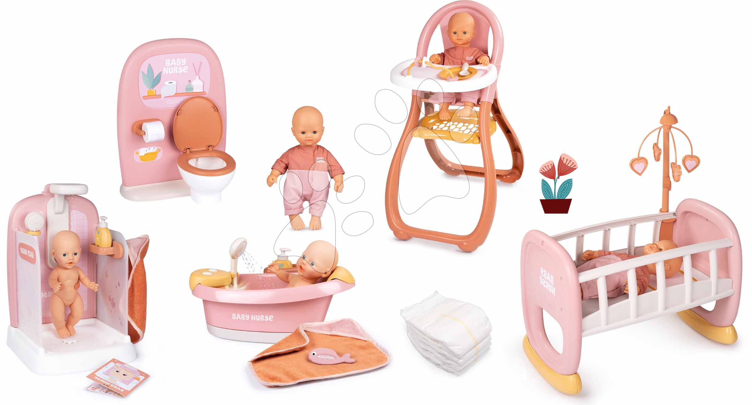 Set bábika v dupačkách s kúpelňou so záchodom Doll Baby Nurse Smoby a vanička s funkčnou sprchou a kolíska s plienkami a jedálenskou stoličkou
