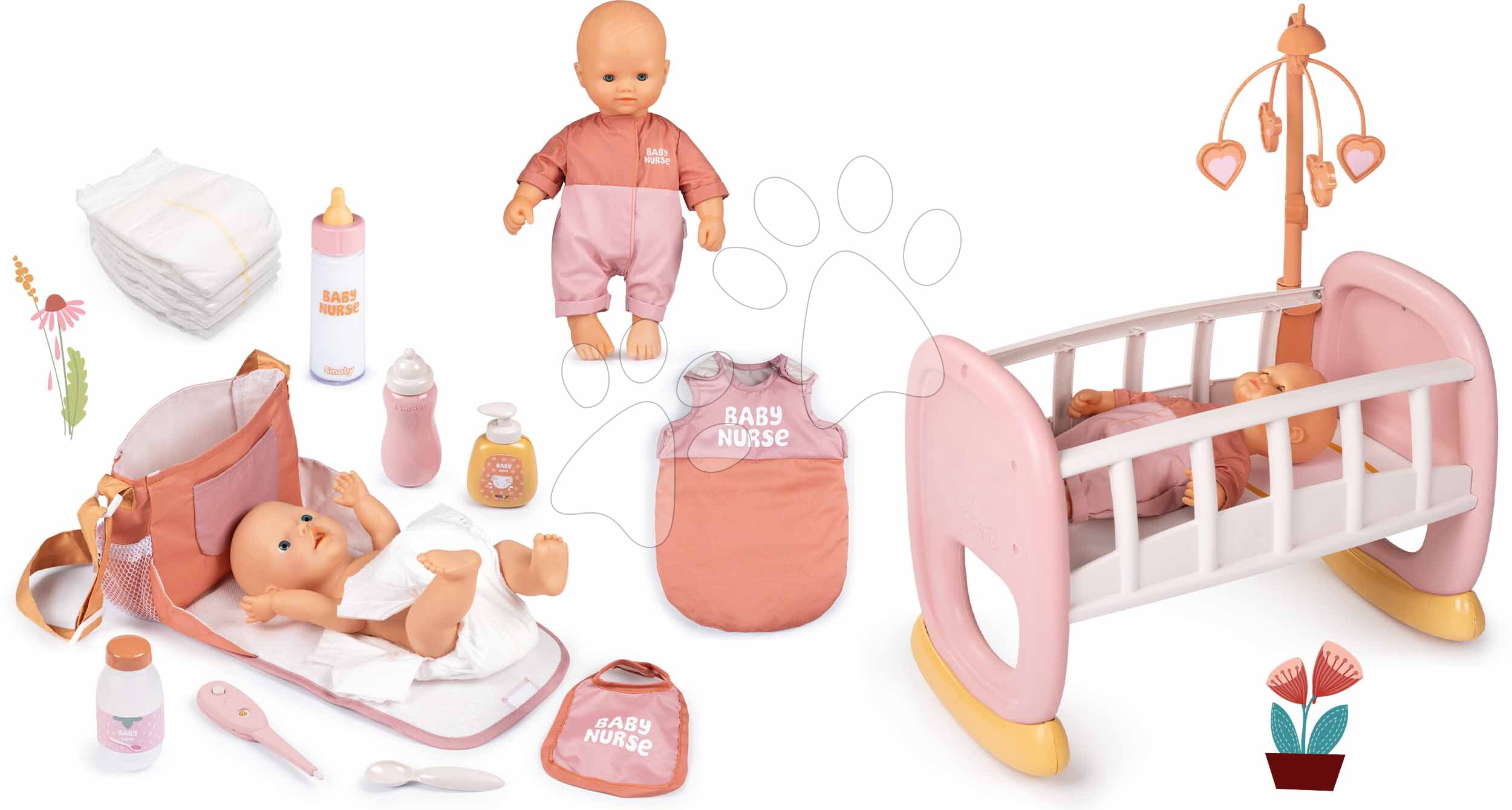 Set bábika v dupačkách v spálni v kolíske Doll Baby Nurse Smoby s prebaľovacou taškou fľaškou a spací vak s plienkami