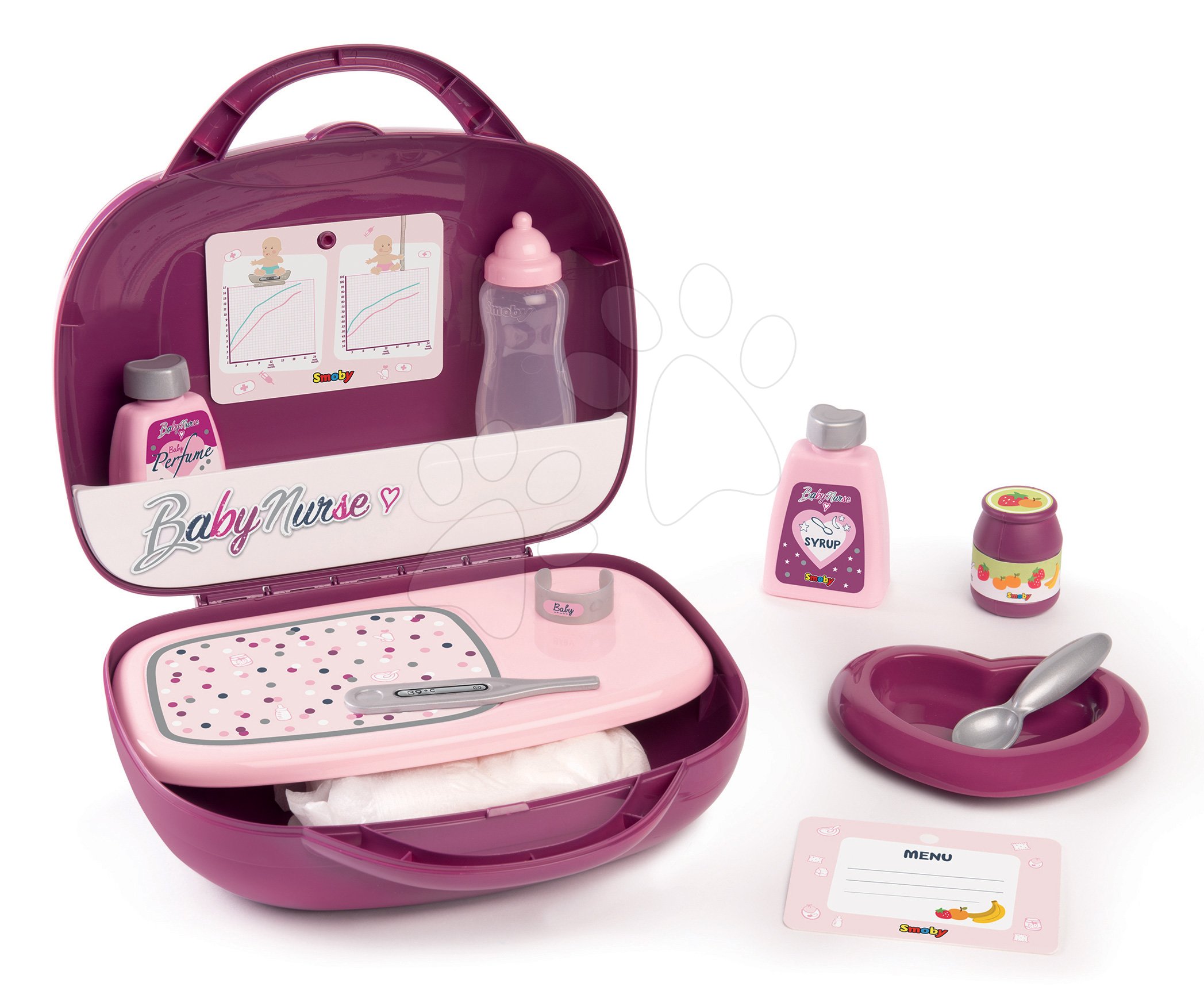 E-shop Kufrík s prebaľovacími potrebami Violette Baby Nurse Smoby pre bábiku s 12 doplnkami