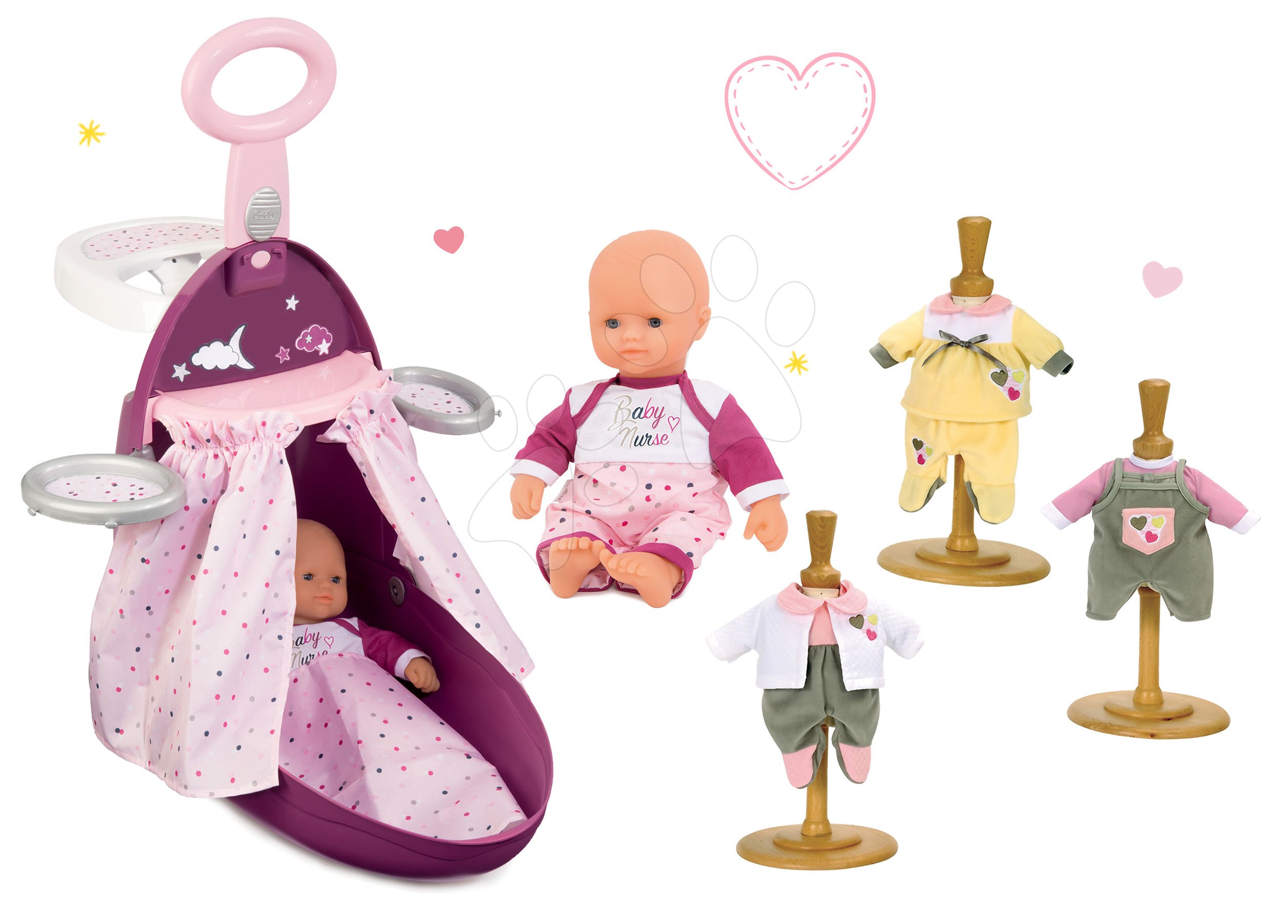 Domčeky pre bábiky sety - Set prebaľovací vozík pre bábiku Baby Nurse Zlatá edícia Smoby s postieľkou, bábika 32 cm a 3 šaty od 18 mes
